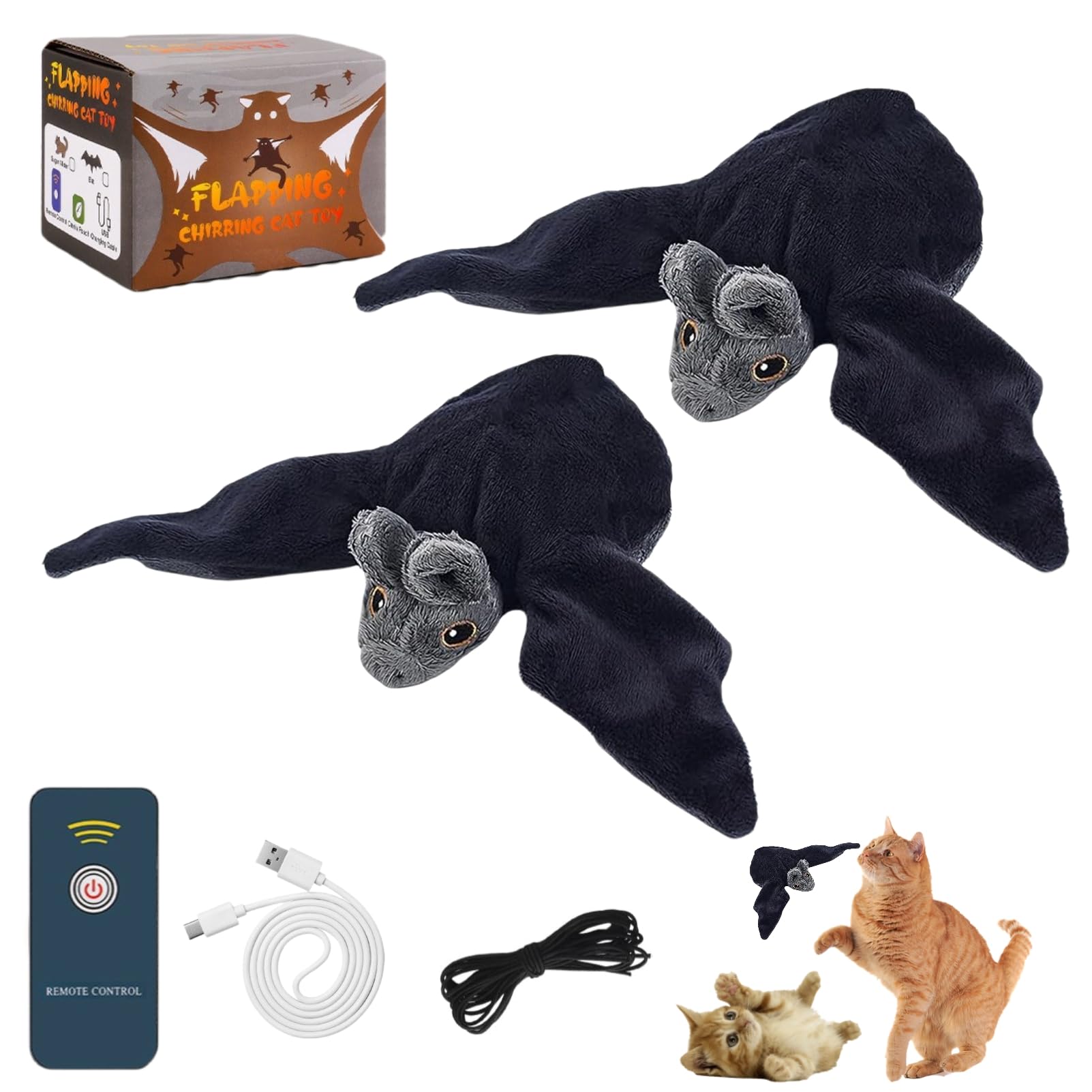 Flying Bat Toy for Cats, Flying Bat Dog Toys, Interactive Motion Activated Flapping Wing Cat Toy with Hanging Rope, Remote Control Electric Halloween Flapping Bats Toy for Indoor Cats，Style-A-2pcs