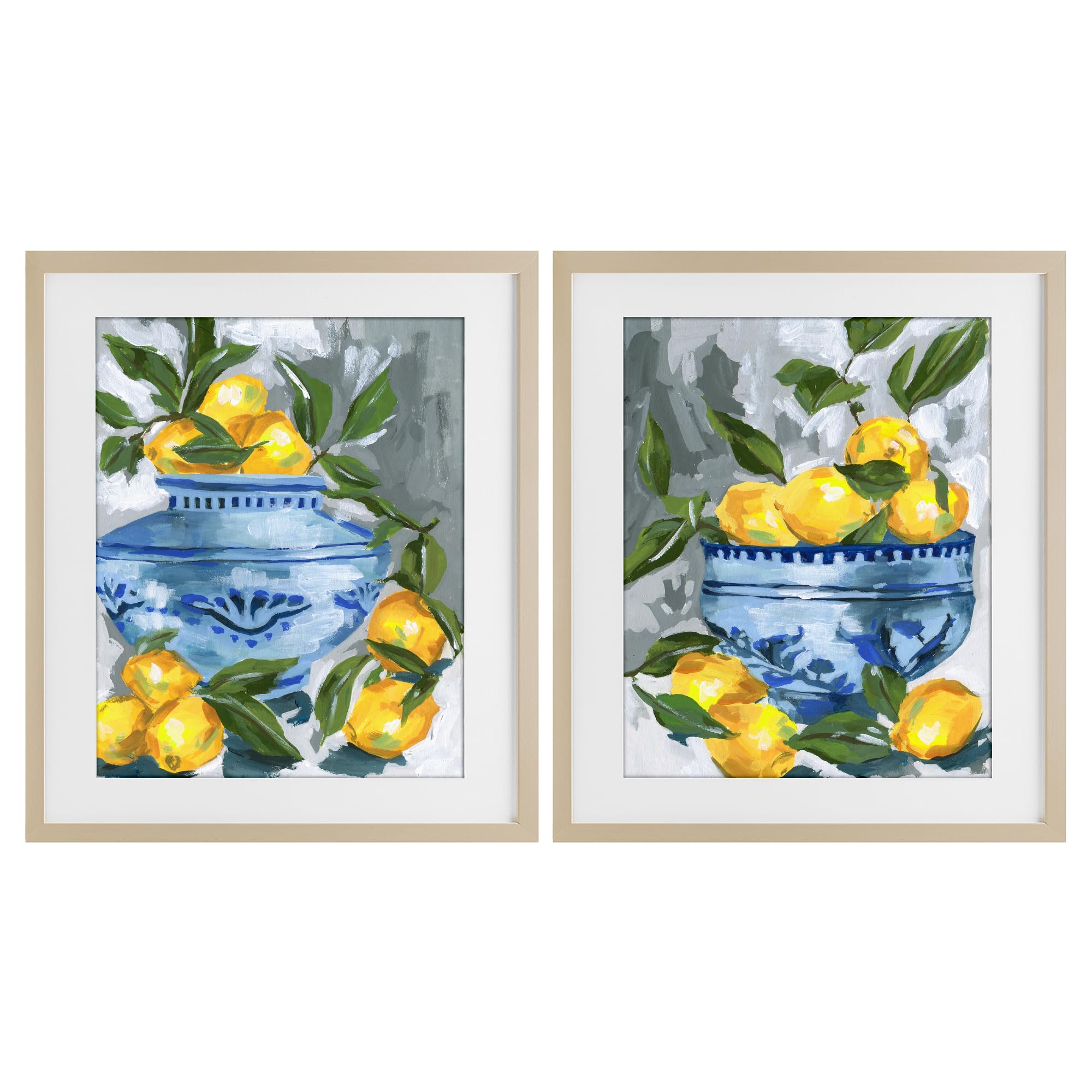 Stupell Industries Harvest Pine (Textured) 'Indigo & Lemon Citrus Fruits'| 2Pc Framed Print Under Glass Set