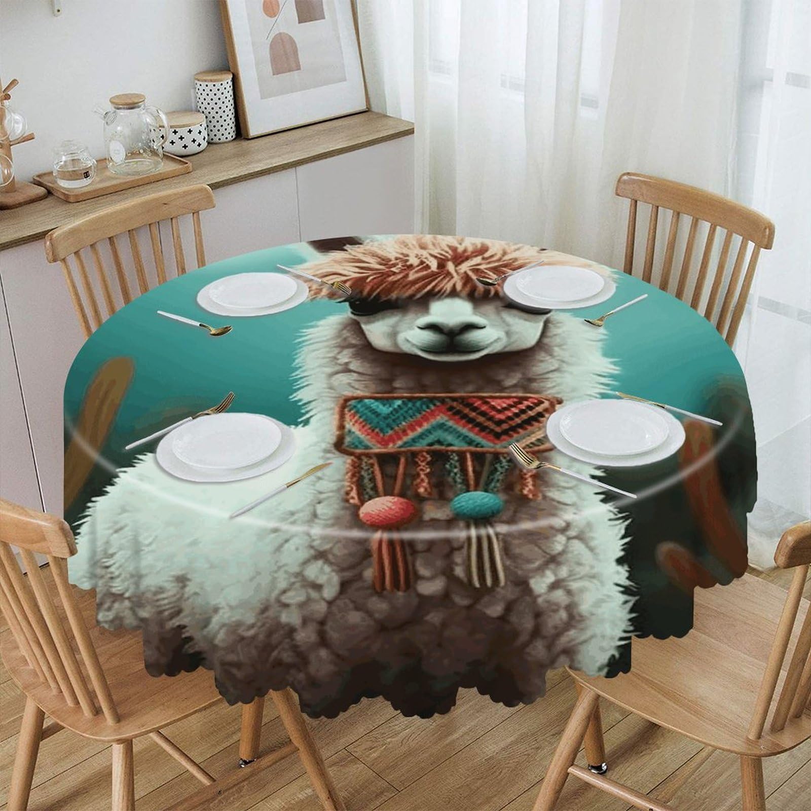 VstaDank Alpaca_78176337 Round Tablecloth 60 Inch Easy to Clean Circle Table Cover Thick Decorative Round Polyester Table Cloth for Dining Kitchen Party Farmhouse Outdoor