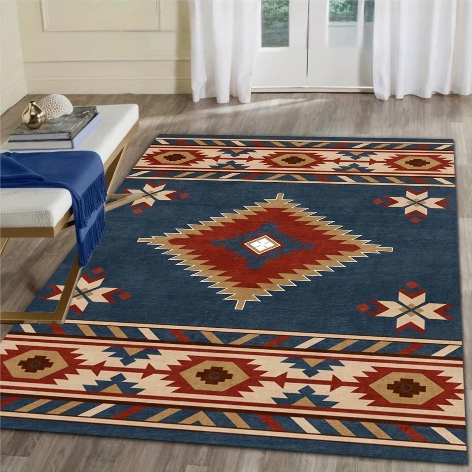 Vintage Western Area Rug,180x230cm Aztec Tribal Style Abstract Geometric Print Indoor Rugs, Non-Slip, Washable, Soft, Bohemian Red and Blue Carpet for Living Room, Bedroom, Dining Room, Bedside
