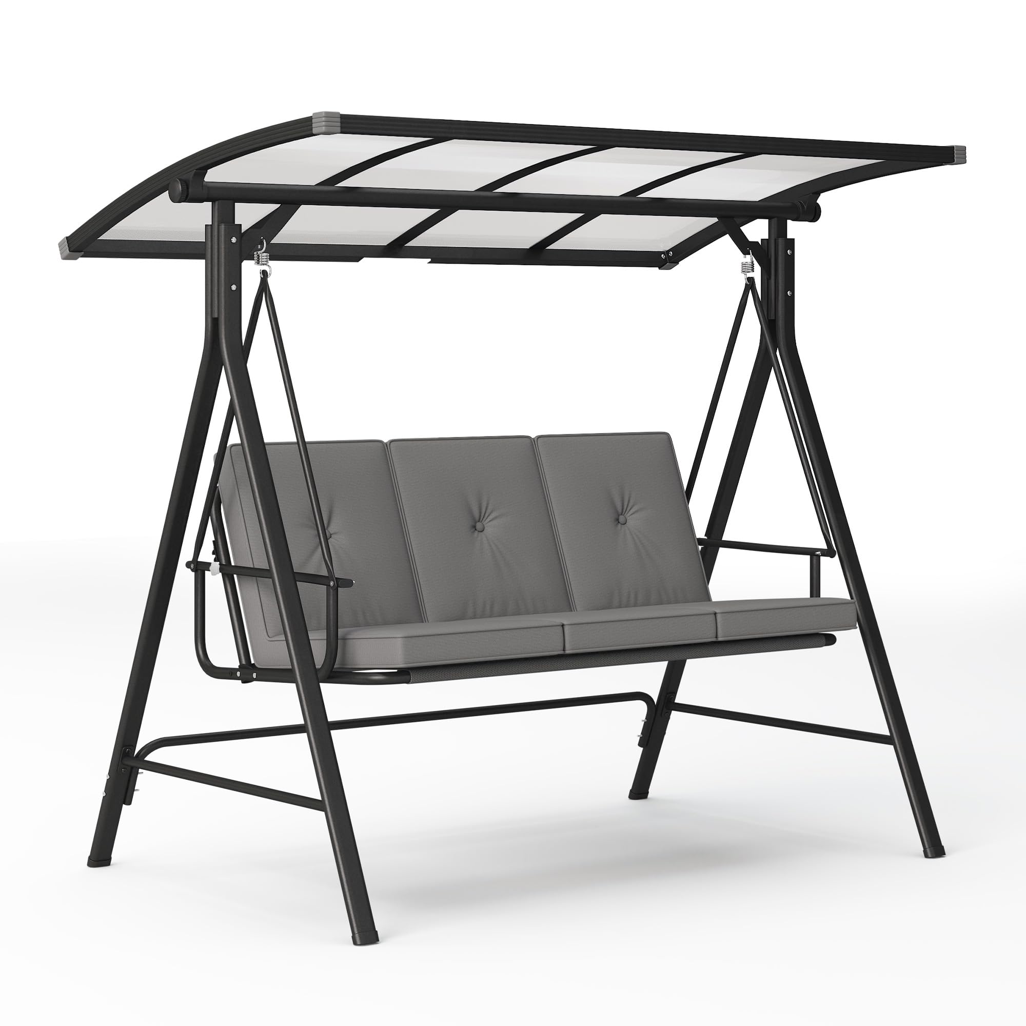 Dondolo da Giardino 3 Posti,Dondolo da Esterno con Tettuccio Parasole Regolabile,Impermeabile, Funzione Inclinabile e Letto, Assemblaggio Semplice, Grigio