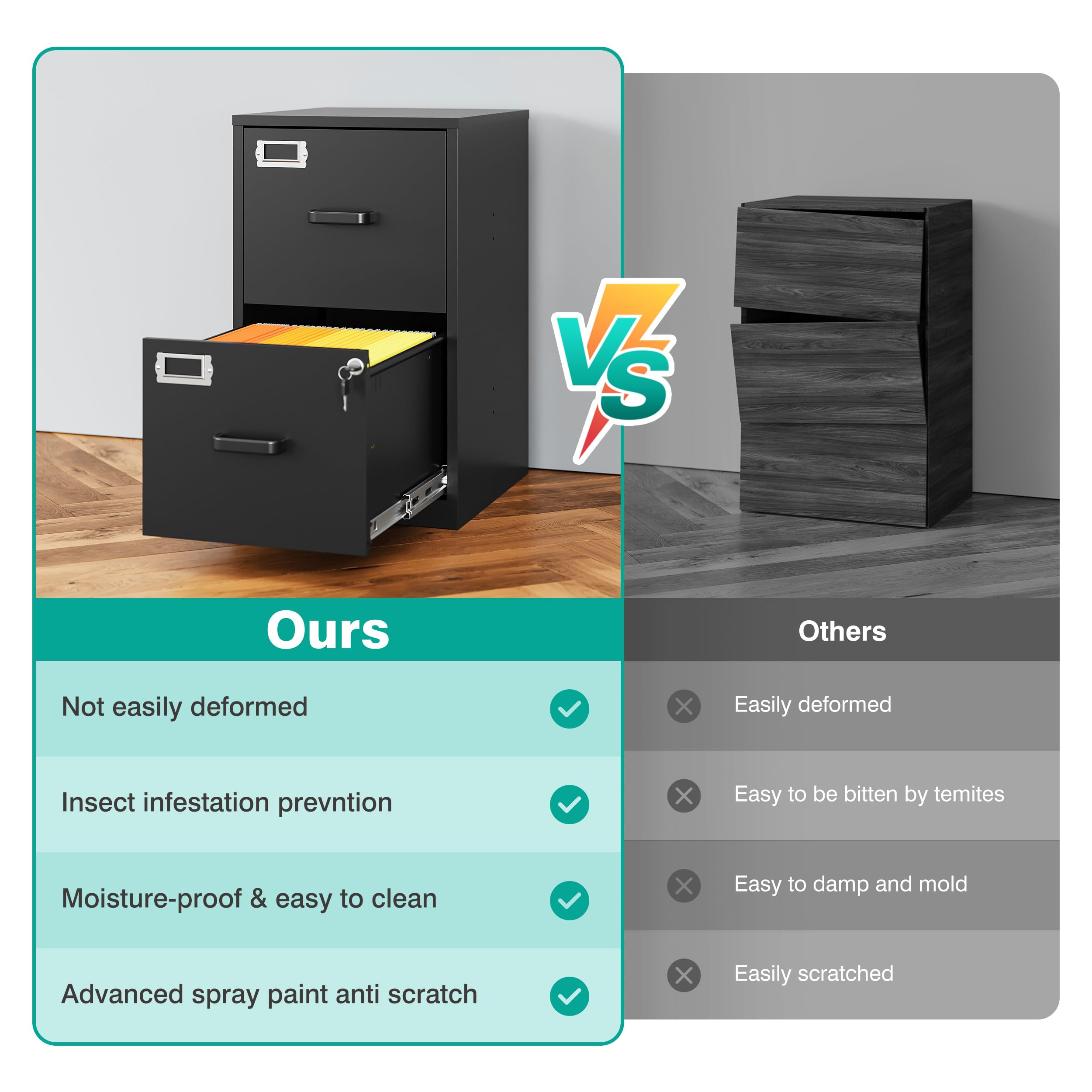 SISESOL 2 Drawer File Cabinet with Lock,Narrow Vertical Filing Cabinet,Under Desk File Cabinets,Black Metal File Cabinets for Home Office,Fit Letter Size,Files Folder,Easy Assemble