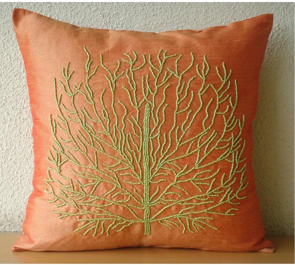 The HomeCentric Pillow Case Covers with Zipper, Orange Zippered Pillow Covers 16x16 inch (40x40 cm) Silk Accent Throw Pillows, Nature & Floral, Tree, Beaded, Contemporary Cushion Cover - Money Tree