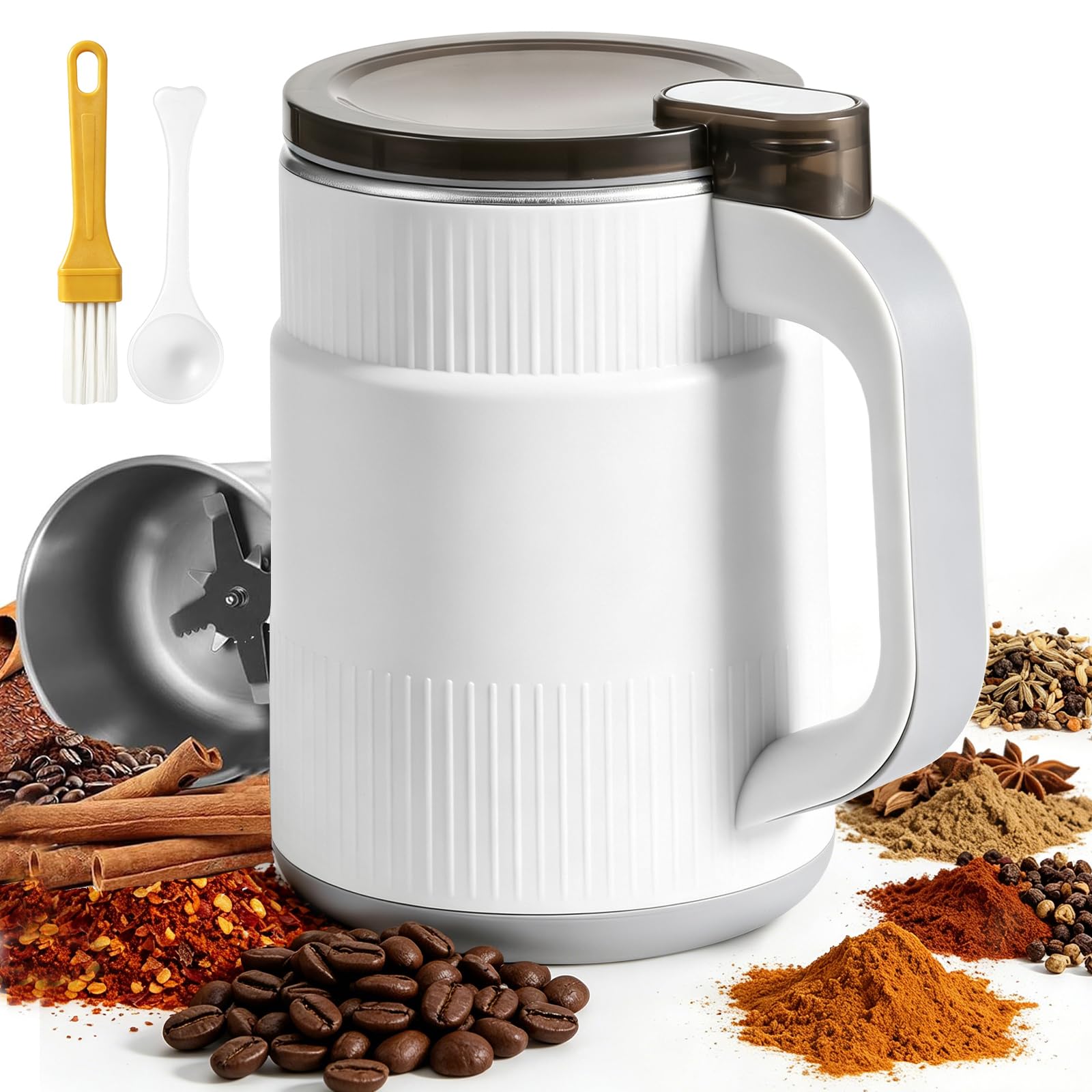 BTBHIHO 300w Electric Coffee Grinder, 8-Blade Coffee Bean Grinder, Fast Grinding with Copper Motor, Low Power Spice Grinder,Spice Grinder Electric for Coffee Bean,Dried Spice,Pepper,Grain,Nuts (White)