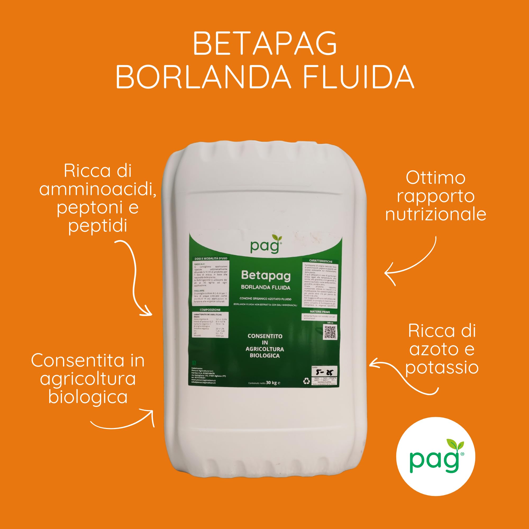 Pag Betapag Borlanda Fluida | Concime Organico Azotato | Consentito in Agricoltura Biologica | Confezione da 30 kg