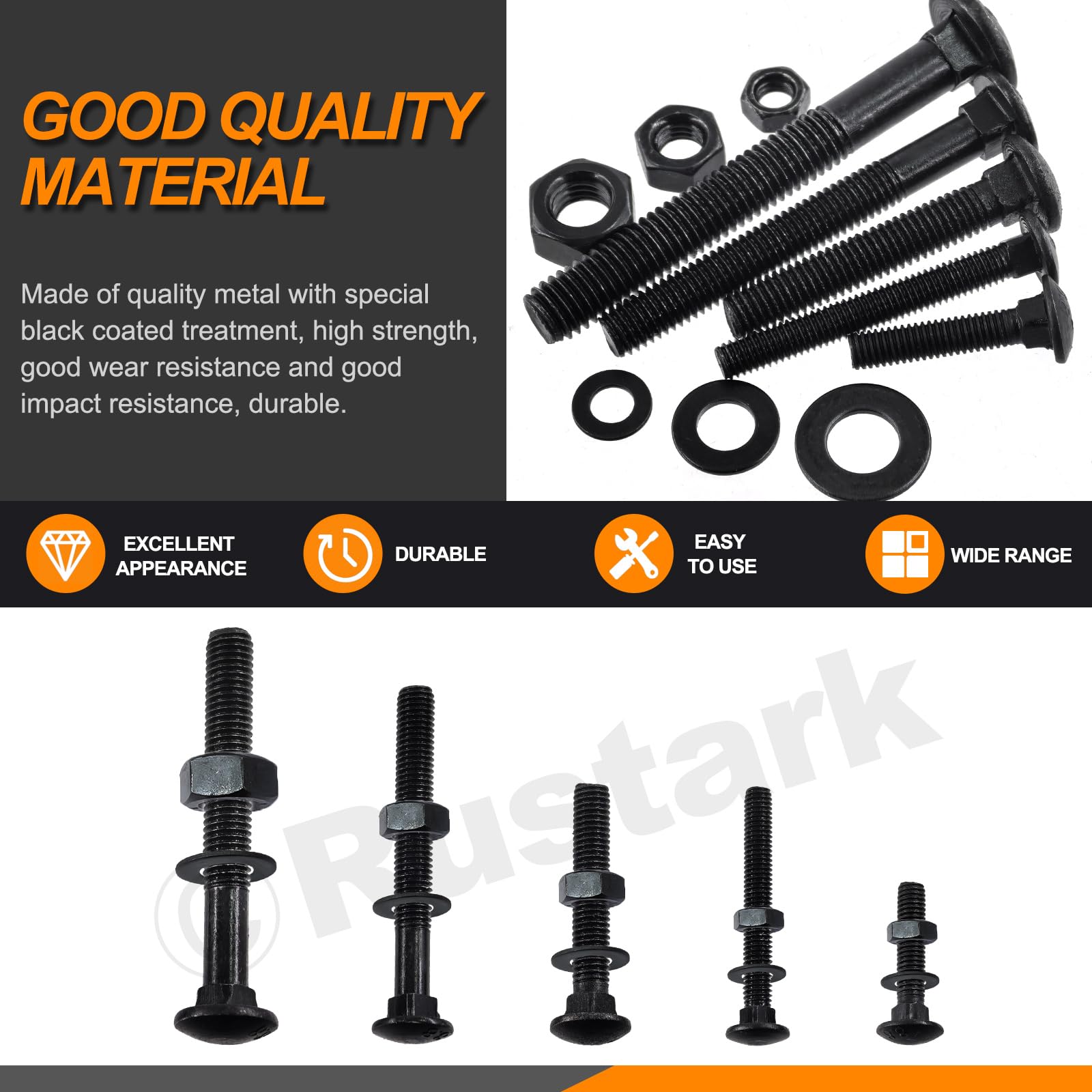 Rustark 60Pcs 5 Sizes 304 Stainless Steel Carriage Bolts with Nuts and Washers Kit Black Square Neck Carriage Bolts Screws Metric Round Head Carriage Bolt for Machinery Industry - Image 3