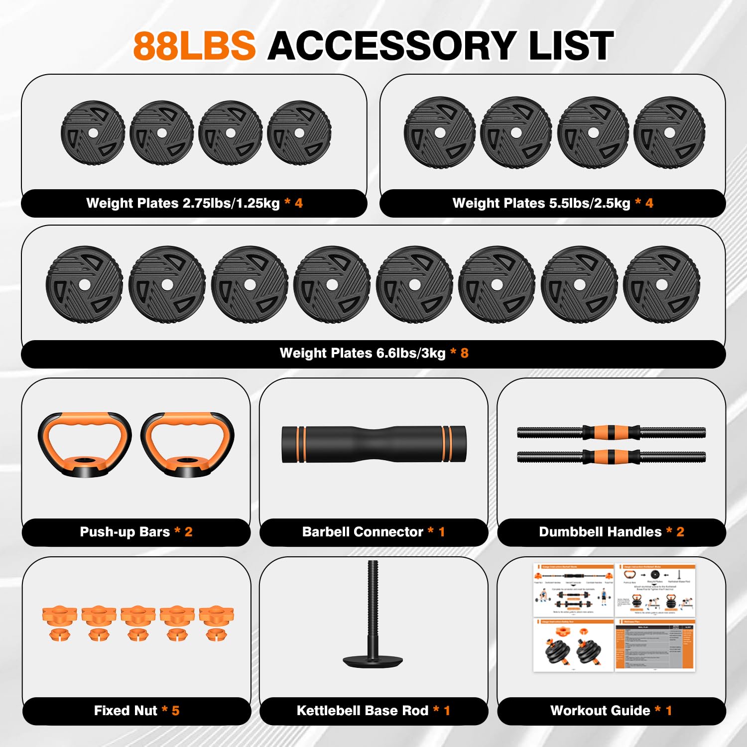 Adjustable Dumbbell Set with Connector for Home Gym Workout | 33/44/66/88lbs 5 in 1 Free Weights Dumbbells Set, Weights Set Used as Barbell, Kettlebells, Push up Stand, Weight Plate
