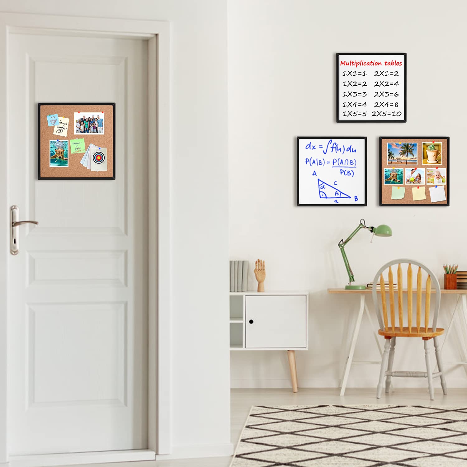 Tablón de anuncios de corcho y pizarra blanca magnética de borrado en seco, paquete de 4 azulejos cuadrados de 30,5 x 30,5 cm con tablero combinado enmarcado negro