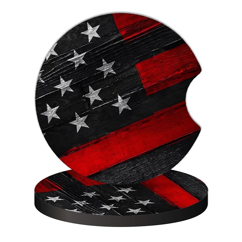 Porta-copos automotivo redondo KARREAL em borracha com estampa de madeira vermelha e bandeira americana, 7 cm, 2 unidades