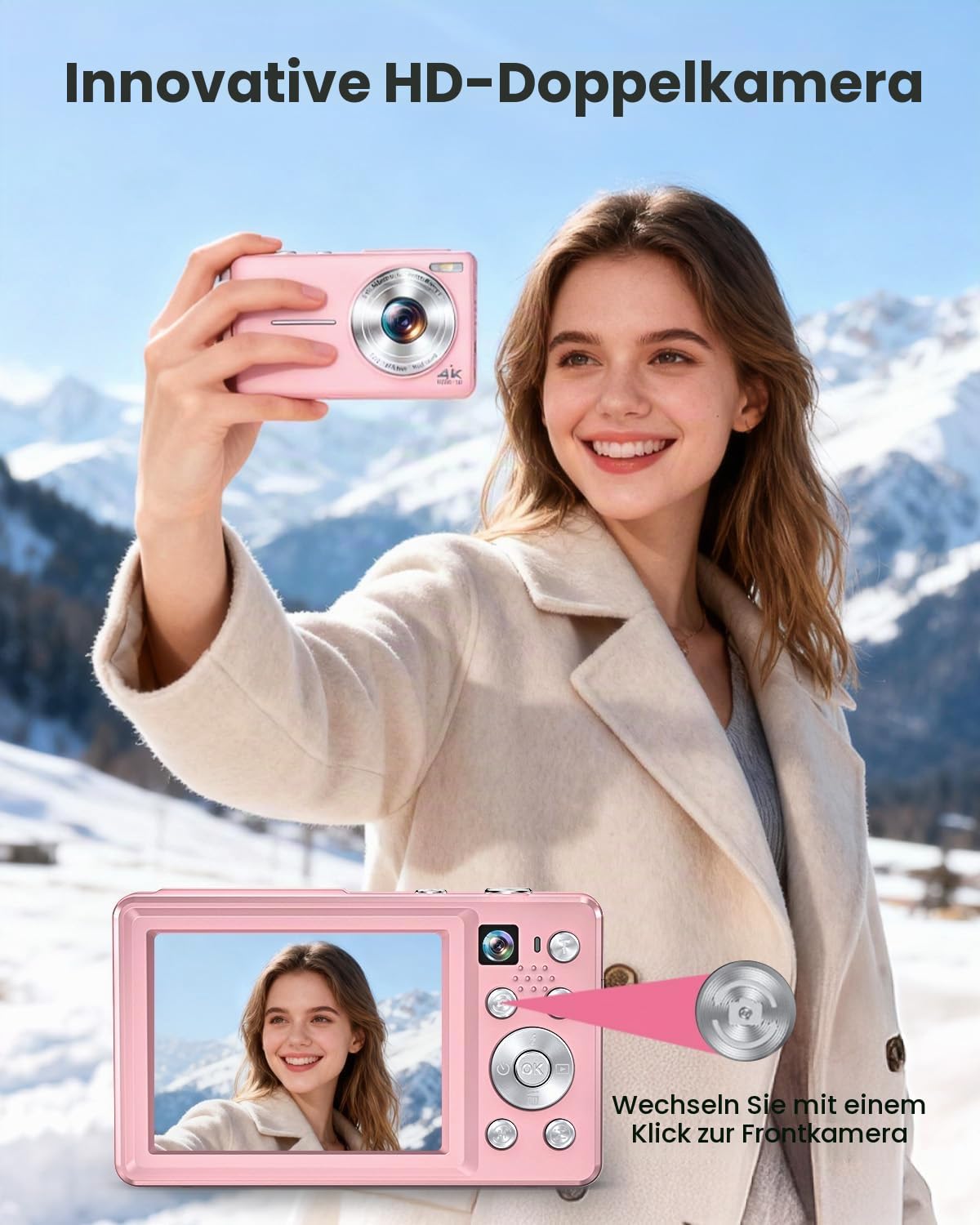 4K Digitalkamera 64MP Autofokus Dual-Kamera Fotokamera mit 32GB Karte, 16X Digitalzoom, Kompakte Fotoapparat Digitalkamera mit 2 Akkus für Teenager Anfänger