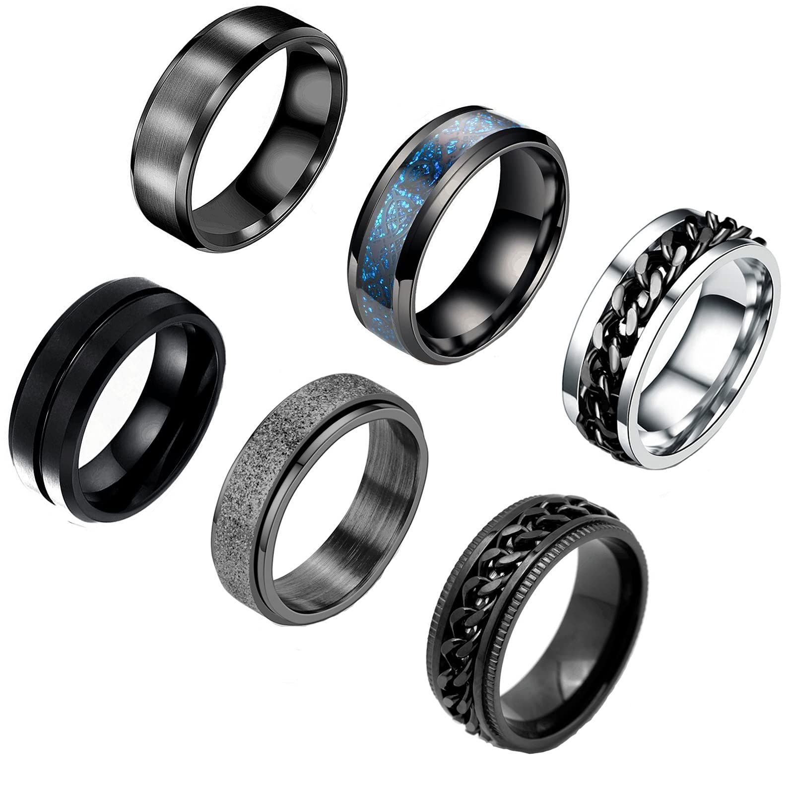 VELESAY6 Piezas Anillos Hombre Acero Inoxidable Vintage Cadena Anillos Giratorios Anillos para Hombres Mujeres Anillos Hombre Negro Anillo Dragón Celtas Giratorio Hombre Anillos de Acero Mujer