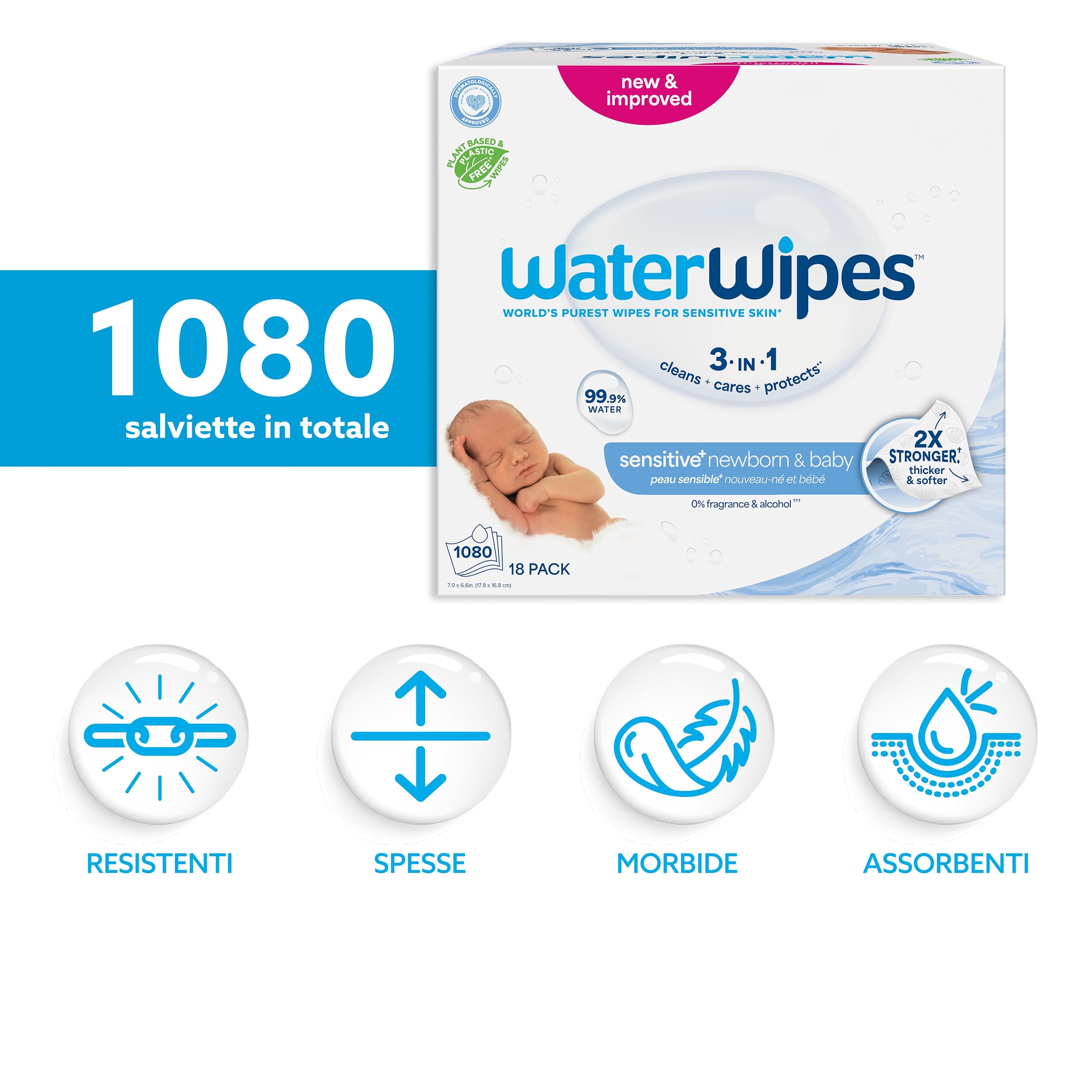 WaterWipes Sensitive+ Newborn & Baby Wipes, 1080 Pezzi (18 Confezioni), Deterge, Cura, Protegge, 99,9% Acqua, Senza Profumo