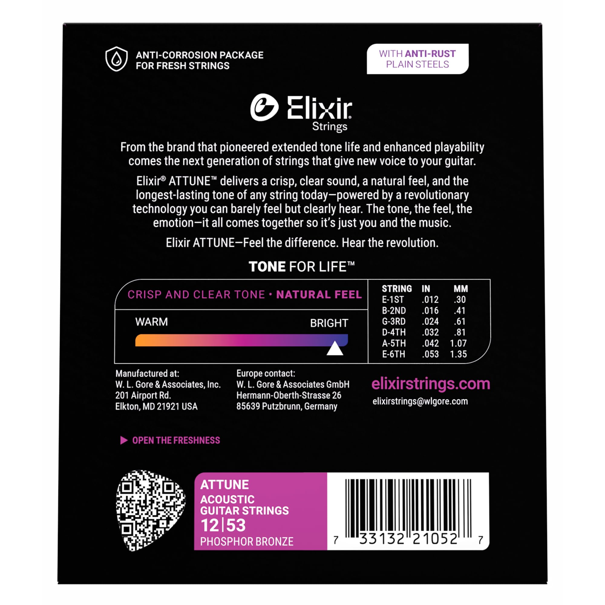 Elixir Strings, cuerdas para guitarra acústica ATTUNE, bronce fosforado, sonido nítido y claro de larga duración con tacto natural, juego de 6 cuerdas, Light 12-53