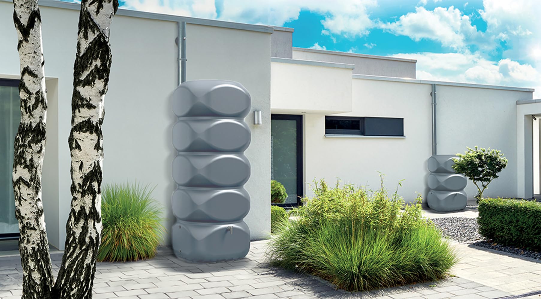 Kreher XL Regentonne 320 L mit Auslaufhahn (Grau) | Robuste Regenwassertonne aus Kunststoff mit schlichtem, edlem Design für die Gartenbewässerung