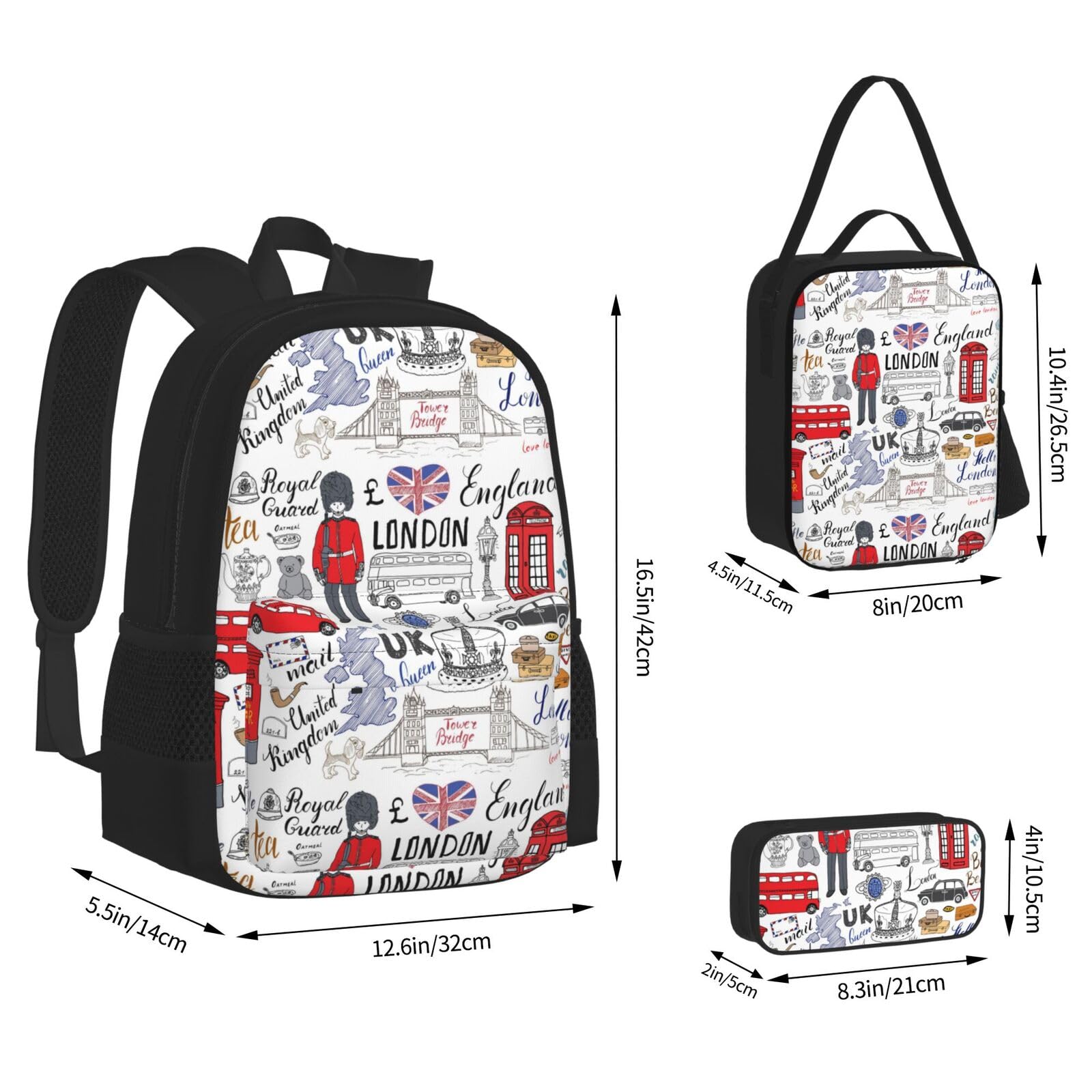 I Love London 3-in-1 Schultaschen-Set aus Segeltuch, Rucksack, Lunchtasche, Federmäppchen, Combo für Männer und Frauen