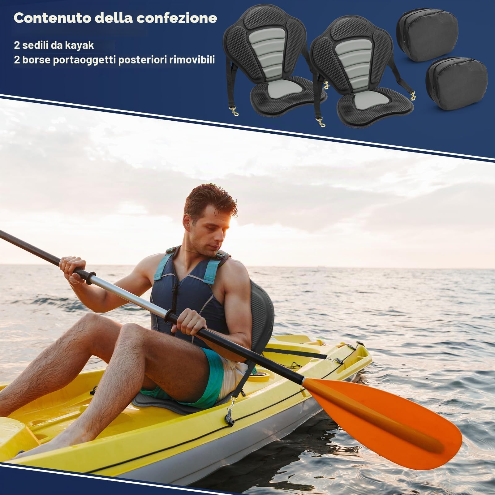 2 Pezzi Sedili Kayak con Zaini, SUP Sedile Kayak Morbido Traspirante Imbottito Sottile con Schienale Alto, Antiscivolo per Kayak, SUP, Yachting, Canoa, Drifting, Rafting