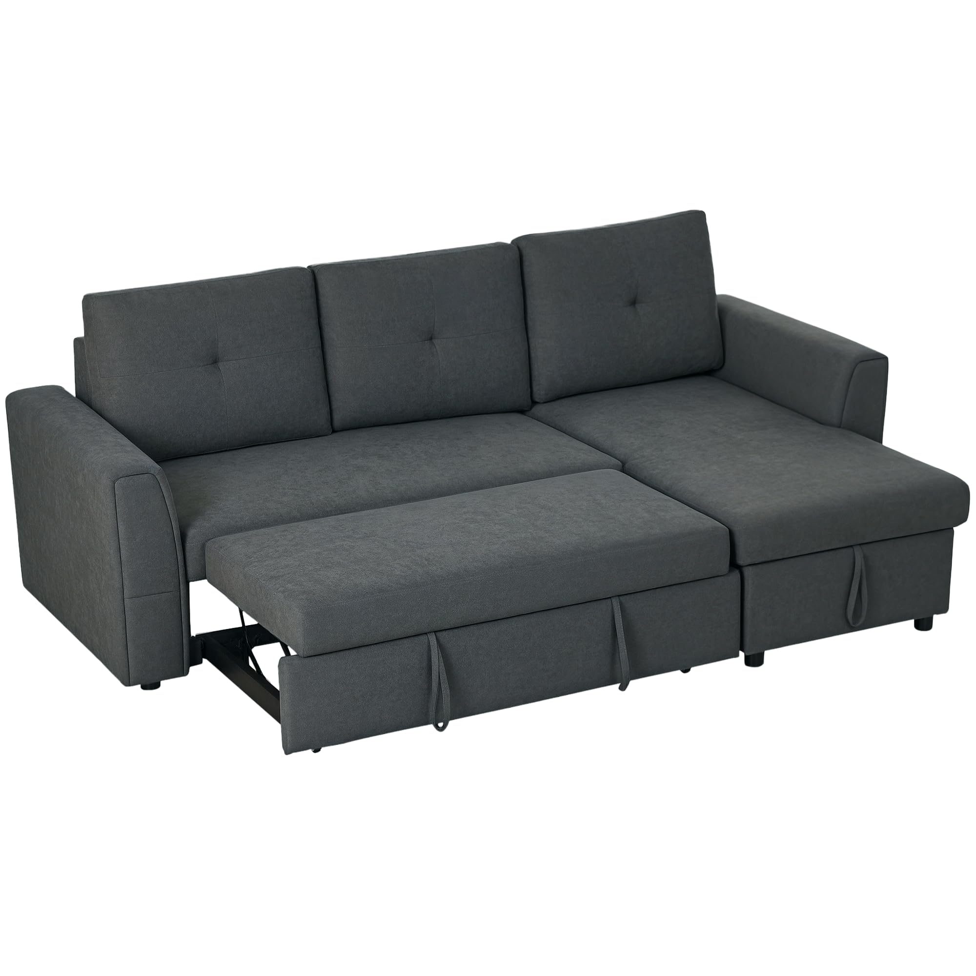 HOMCOM 3 Seater Sofa Bed, L Shaped Pull Out Sofa Bed with Storage, Convertible Click Clack Settee Sectional Sleeper Futon for Living Room, Office, Dark Grey