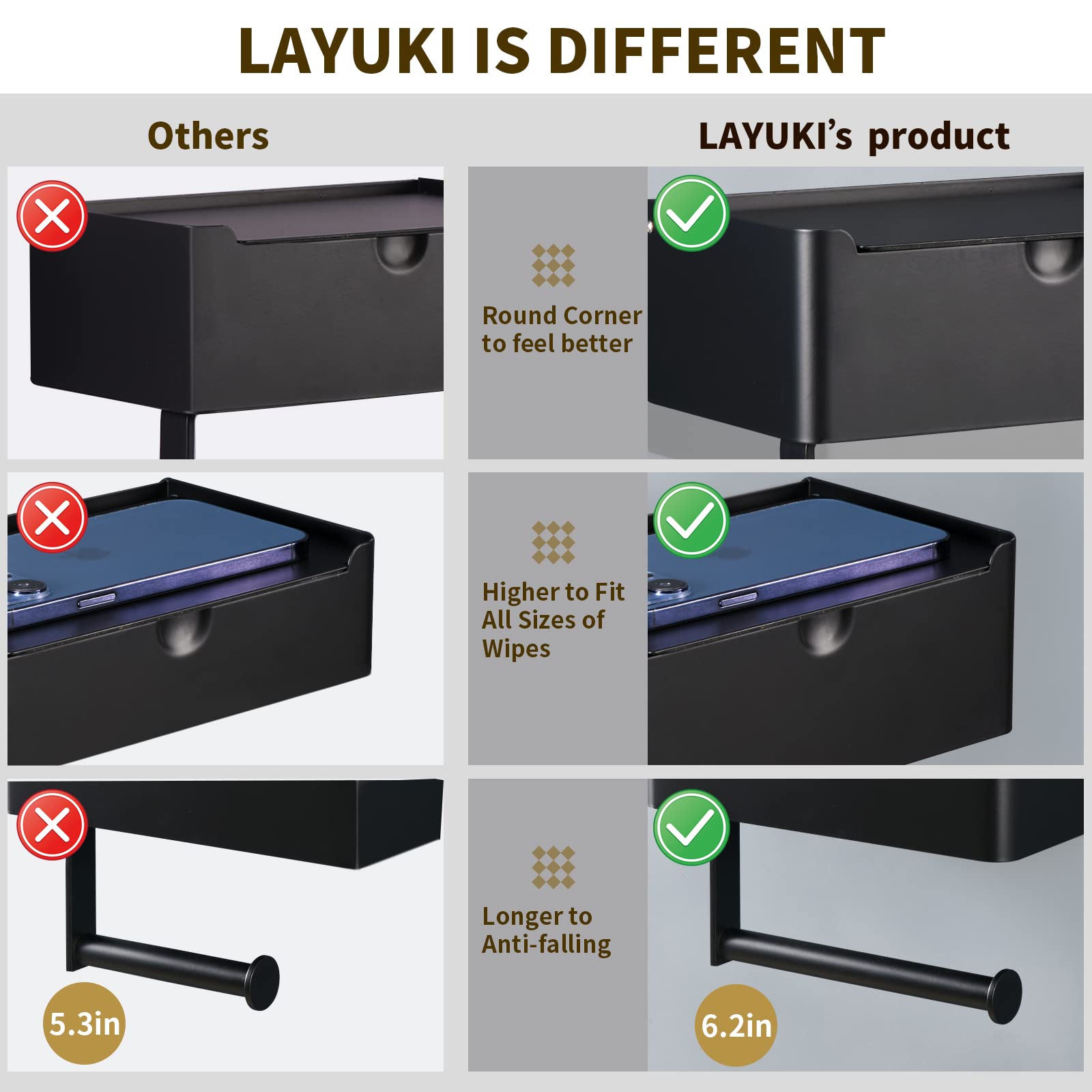 LAYUKI Toilet Paper Holder with Shelf, Wipe Holder for Bathroom, Large, Stainless Steel, Wall Mounted, Matt Black, Upgraded Toilet Paper Holder — Amazon image 4
