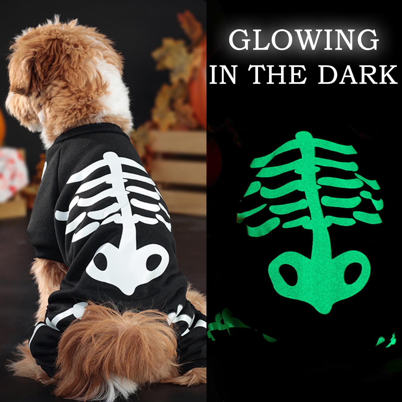 Zunea Dog Halloween Costume for Small Dogs Glowing Skeleton Puppy Halloween Costume Skull Bones Jumpsuit 4-Legged Funny Cosplay Sweatshirt Dress Up Apparel Outfits for Pet Chihuahua Yorkie Doggy L - Image 3