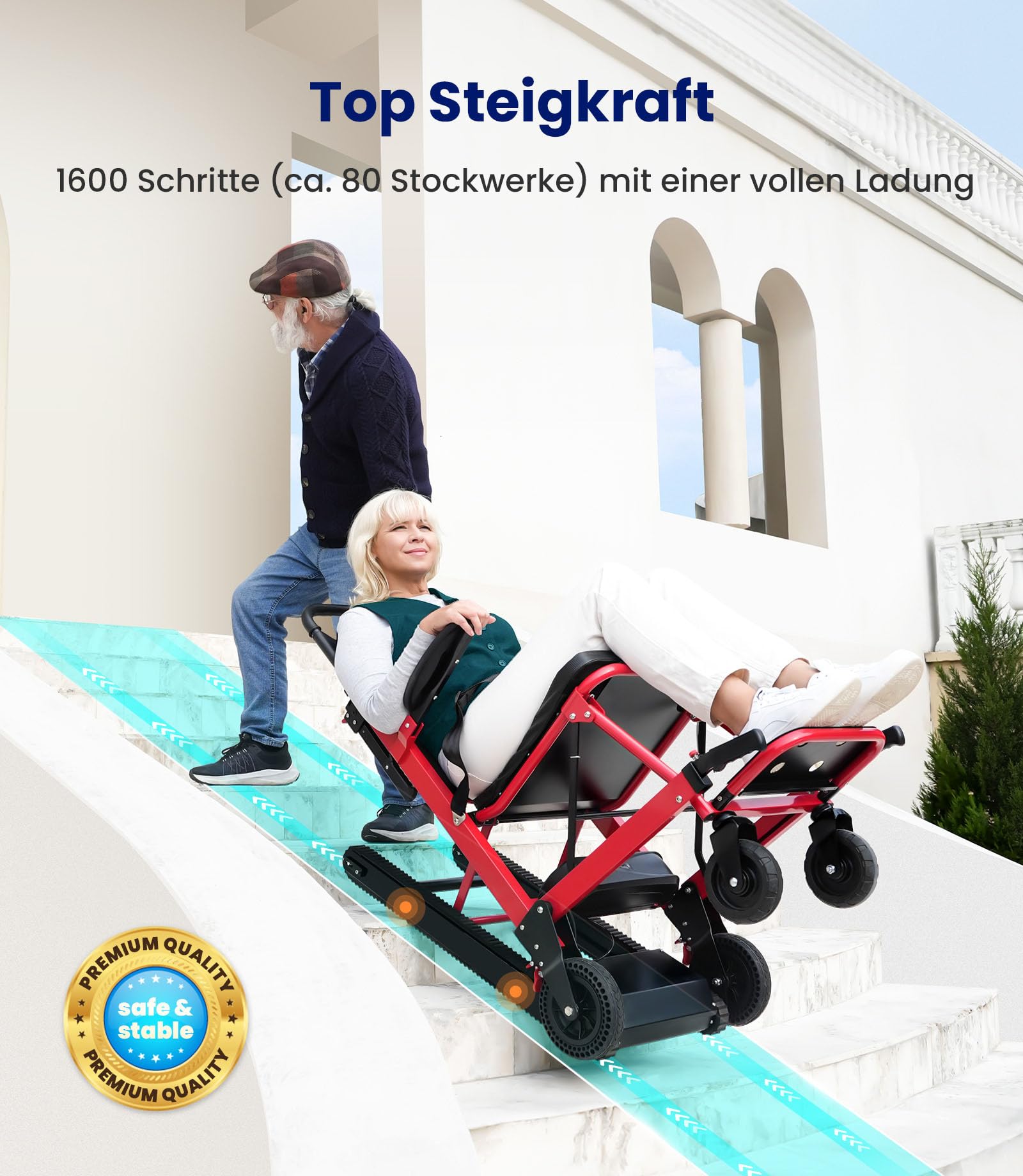 VOCIC AY04 Elektrischer Treppensteiger Rollstuhl bis 220KG mit Gummikette | Elektrische Treppenhilfe Rollstühle Faltbar, Treppenlift Medizinische Rettungstrage mit LED Licht für Senioren, Rot