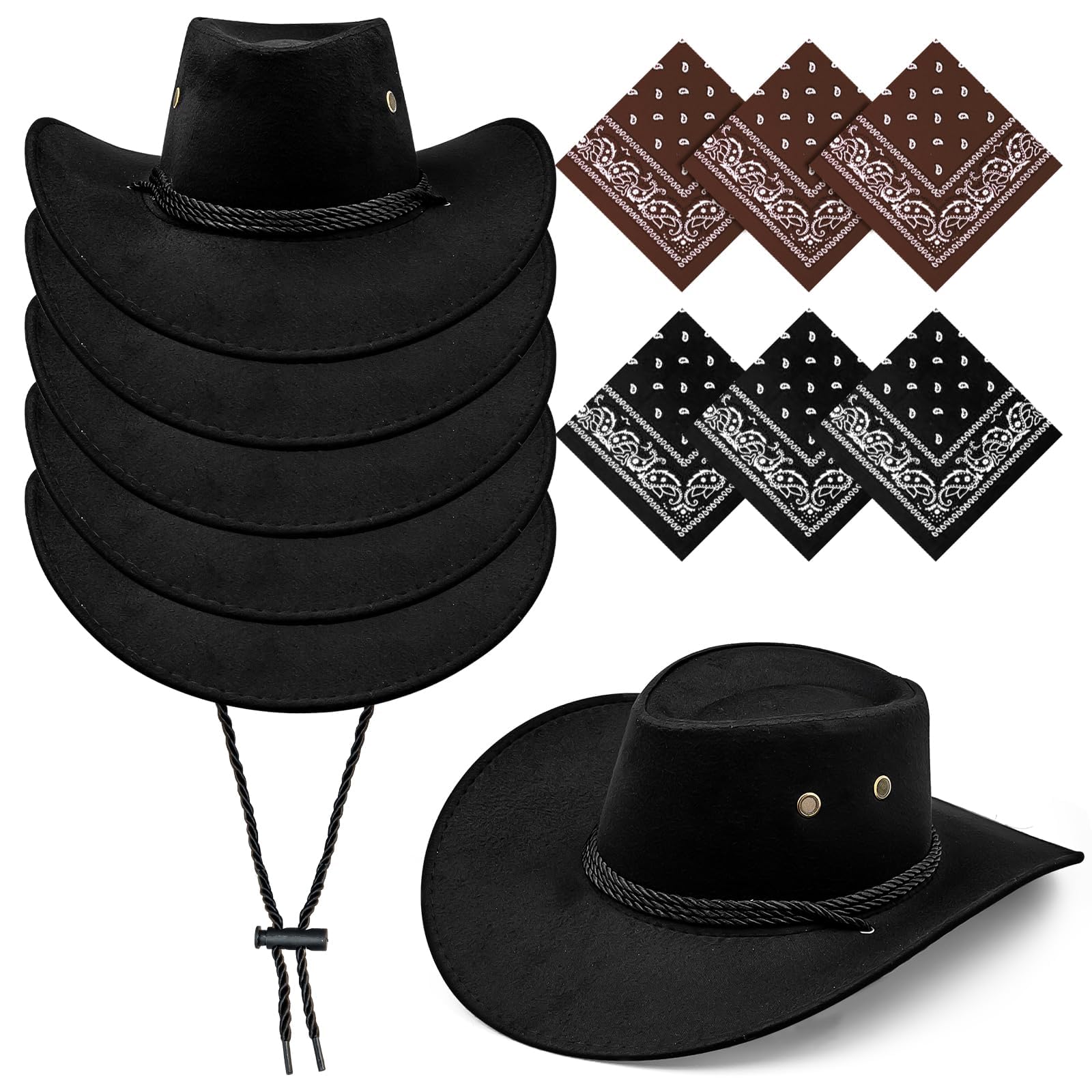 ASMIZ 6 Pack Black Cowboy Hats Multipack, Adult Cowgirl Hat with 6 Pc Bandanas Set, Western Cowboy Hat for Fancy Dress Party Stage Performance