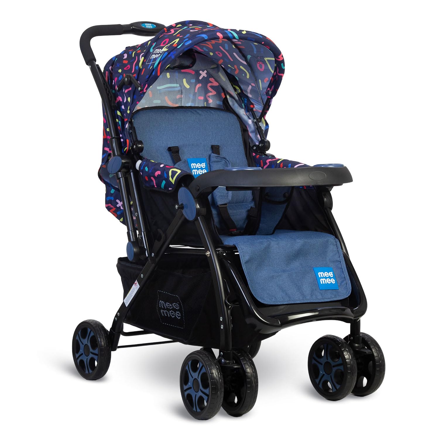 Mee Mee Cozy Cruise Baby Stroller/ Pram | Premium Pram, Easily Foldable with 5 Point Safety Harness, One Hand Fold, Multi Level Recline Cushioned Seat, Canopy & Footrest | Fully Rotating Wheels for 0-3 Yrs (Blue_Black)-image-48