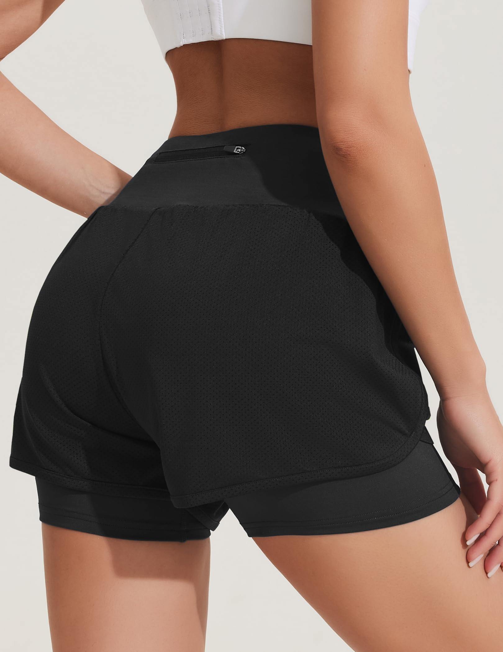 PINSPARK Damskie krótkie spodenki do biegania z wysokim stanem, spodenki sportowe 2 w 1, z kieszenią, szybkoschnące, do biegania, fitnessu, jogi, joggingu, spodnie treningowe