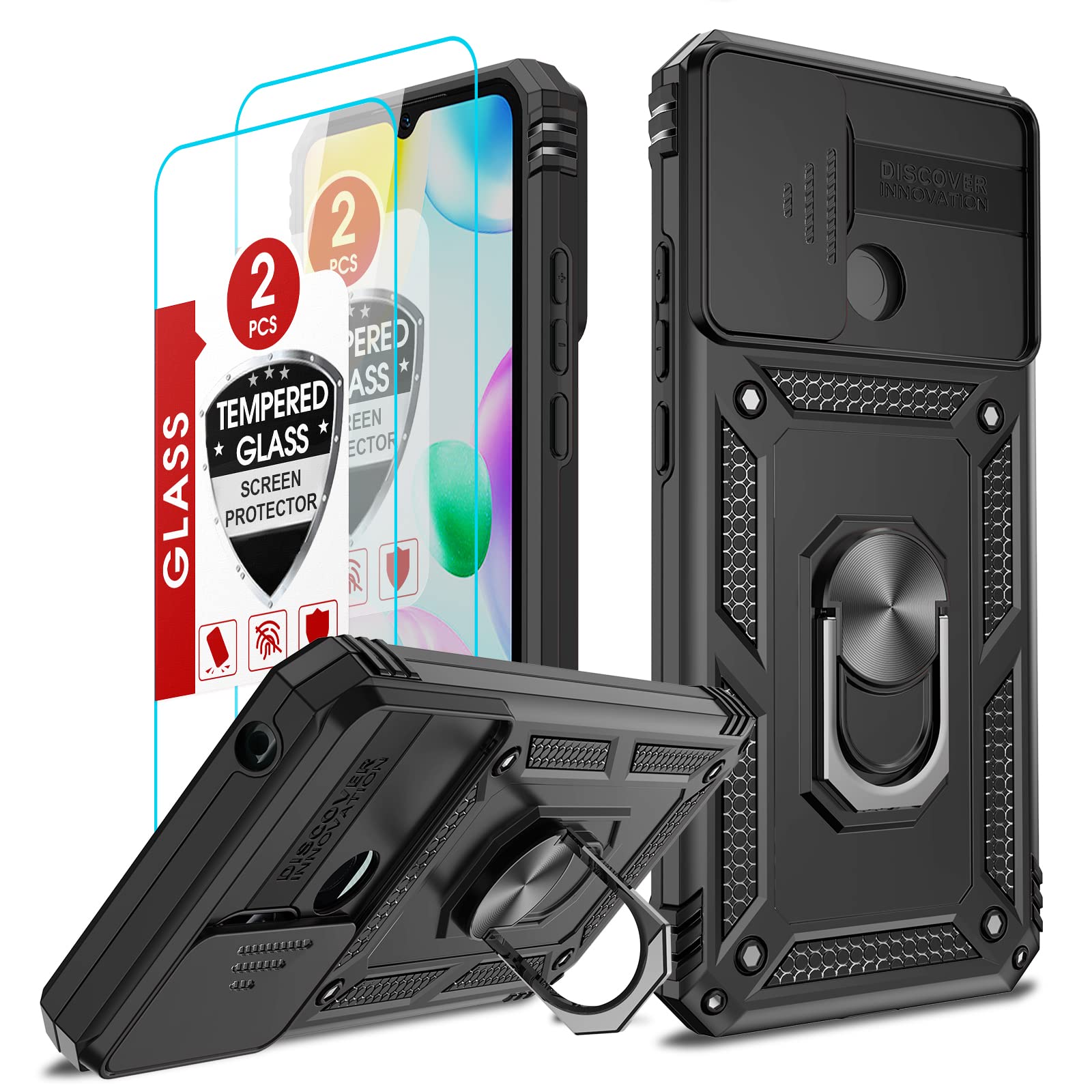LeYi Custodia Per Xiaomi Redmi 10C Con 2 Pellicole Vetro Temperato, Cover Antiurto Con Anello Magnetico E Protezione Scorrevole Fotocamera, Nero - 3