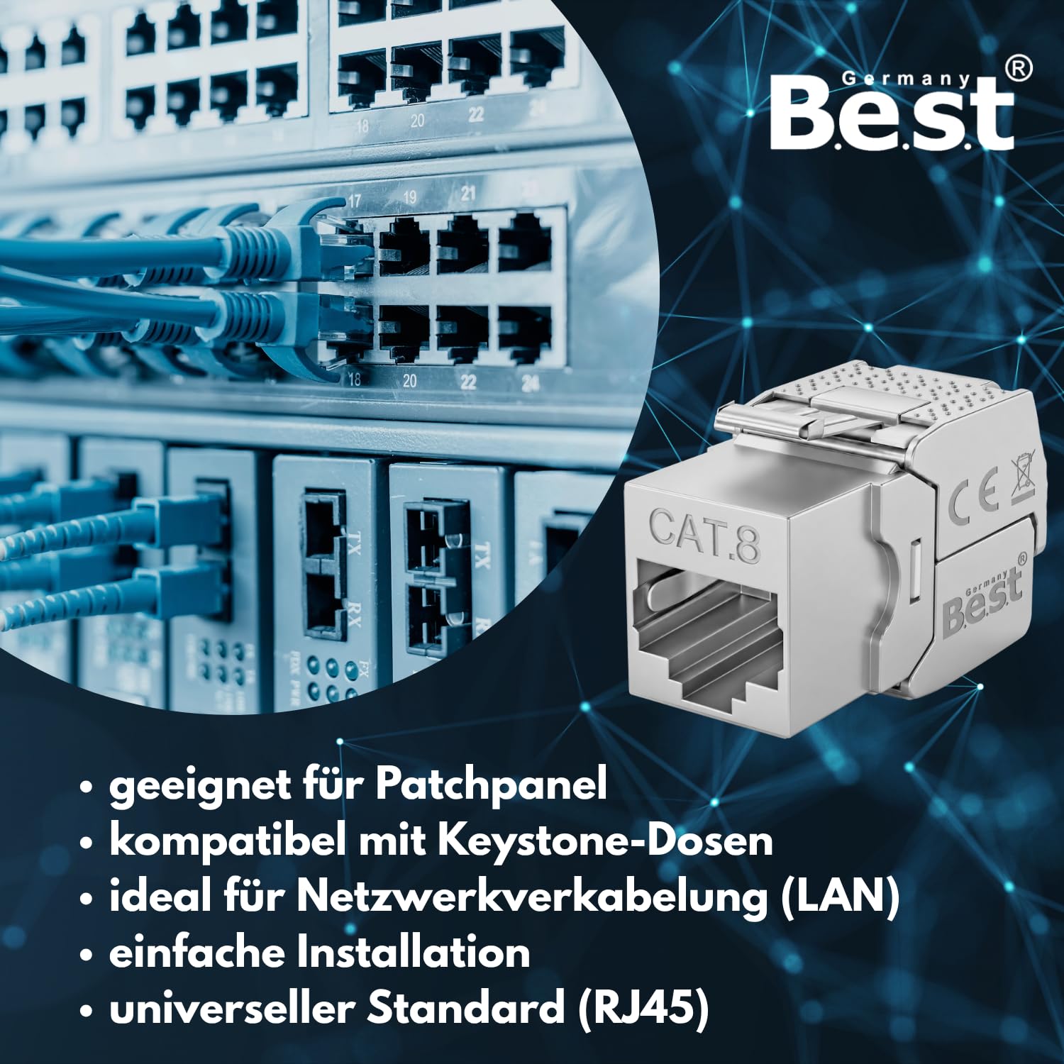 Lot de 12 modules réseau Keystone CAT 8 RJ45 - Prise Keystone haute vitesse - Montage sans outil - 40 Gbit/s - Blindé STP - Contacts plaqués or - Compatible avec AWG 22-26 et panneaux de brassage