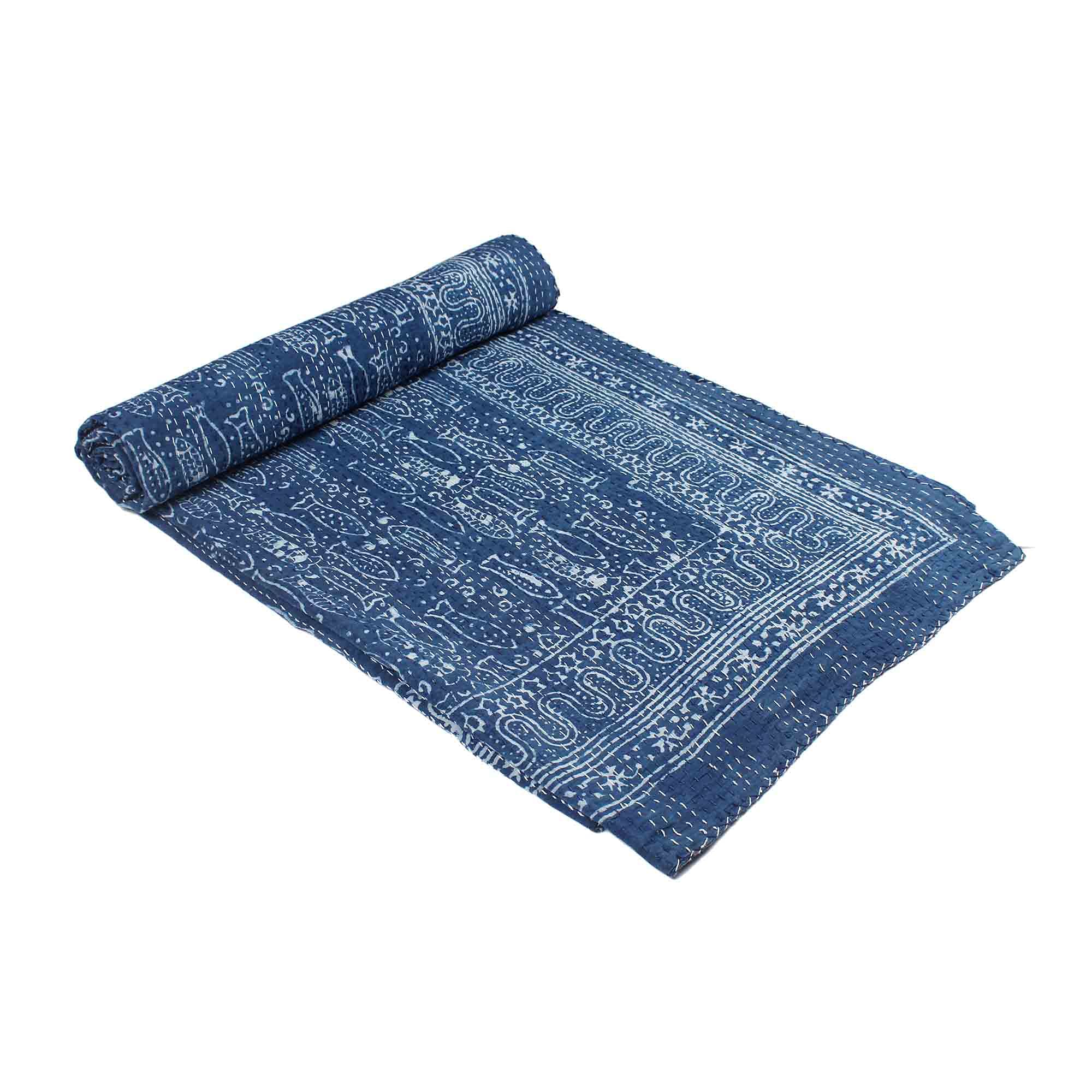 Couvre-lit Kantha fait main en coton bleu indigo imprimé bloc