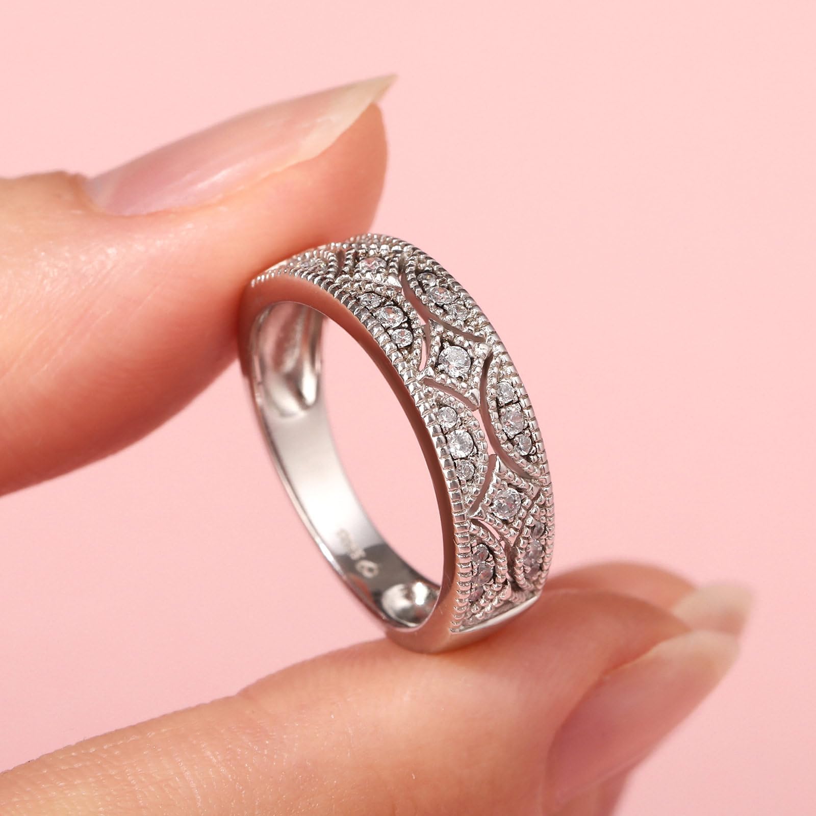 Jeulia 925 Sterling Silber Ringe Milgrain Rundschliff Damen Band Jubiläum Versprechen Ringe mit Schmuckschatulle für Sie Frauen Mädchen