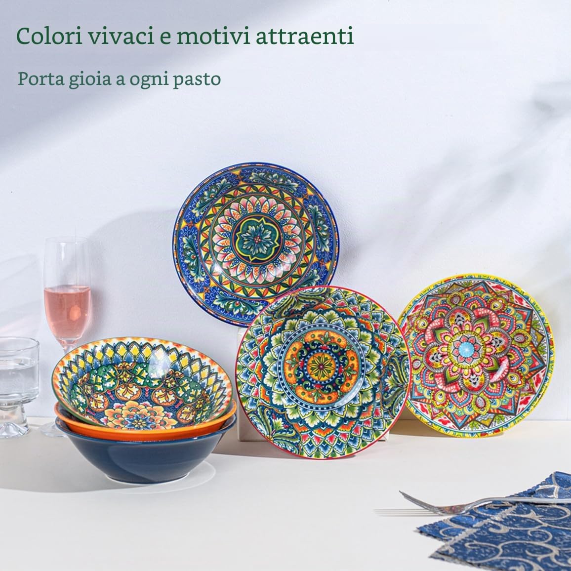 Henten Home Ciotole per Zuppa, Piatti Fondi Colorati in Ceramica - 900ml - Set di 6, Ciotole per Zuppa/Grandi Insalatiere Adatti al Forno a Microonde e Lavastoviglie - Stile Boho