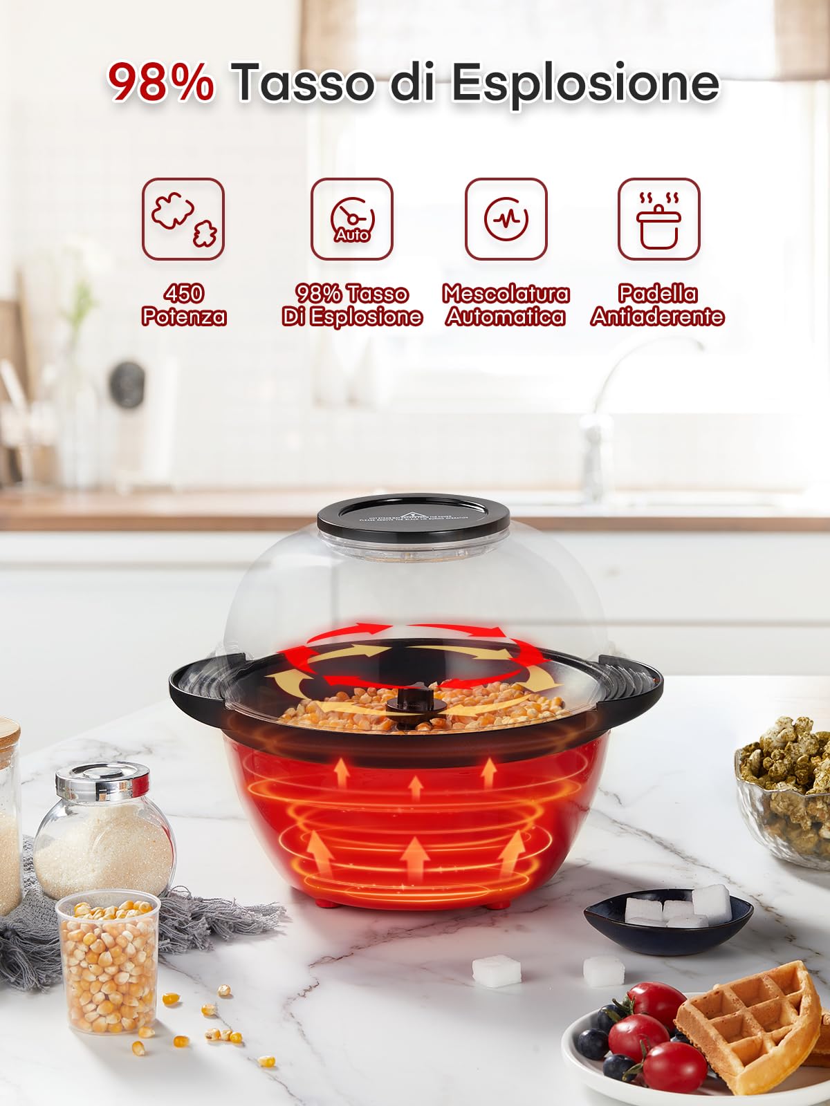 FOHERE Macchina Popcorn, 3,5 L Macchina Per Popcorn Casalinga con Sbattitore Elettrico, Pop Corn Macchina con Zucchero e Olio, Rivestimento Antiaderente, Ampio Coperchio Come Ciotola da Portata