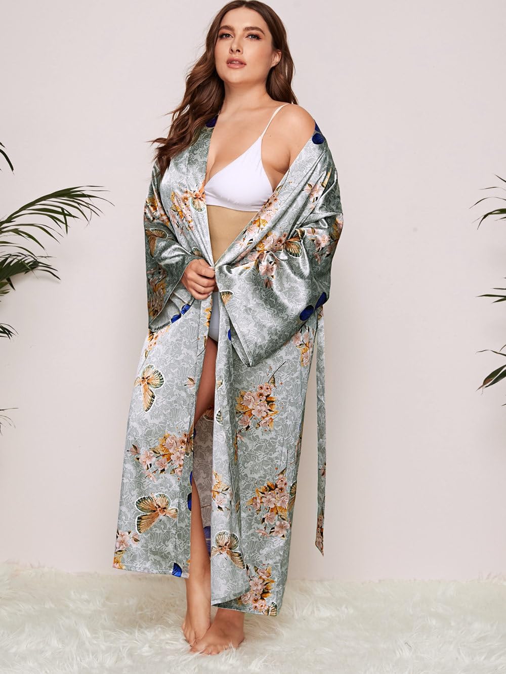 Robes Imprimées Papillon pour Femmes,Grande Taille Kimono en Satin Soyeux Longue Robe de Chambre Douce Peignoir de Fête de Mariage Chemise de Nuit Ample et Fraîche Col en V