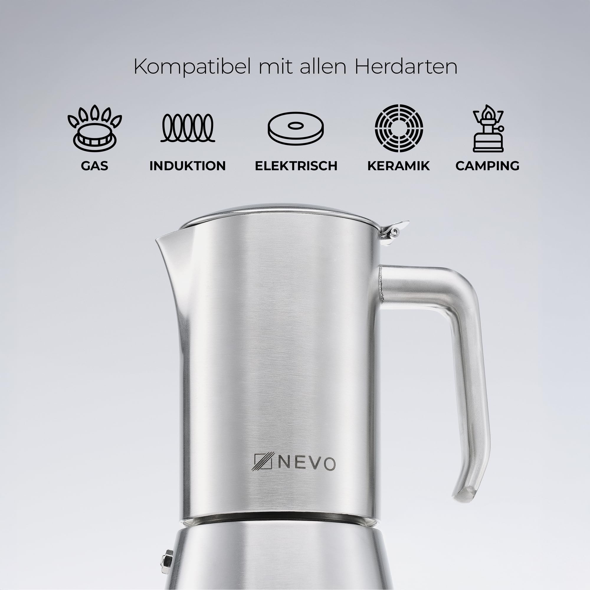 NEVO Espressokocher Induktion Edelstahl | 6 Tassen (300ml), BPA-frei & Nachhaltig | Für alle Herdarten & Camping, Spülmaschinengeeignet | Premium-Set Mokkakanne – Stilvoll für echte Kaffeeliebhaber