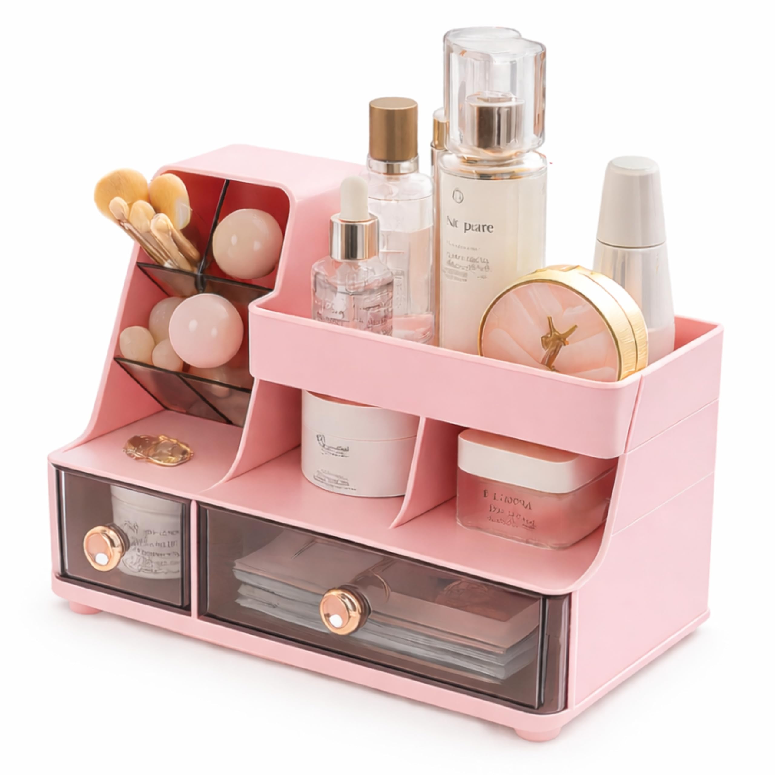JIALTO Bathroom Cosmetic Organizer– Multi Compartment Makeup Storage Box for Vanity, Skincare, Lipstick Holder with Transparent Drawers, Countertop Dressing Table Organizer (30x21x17cm, Pink)-image-39