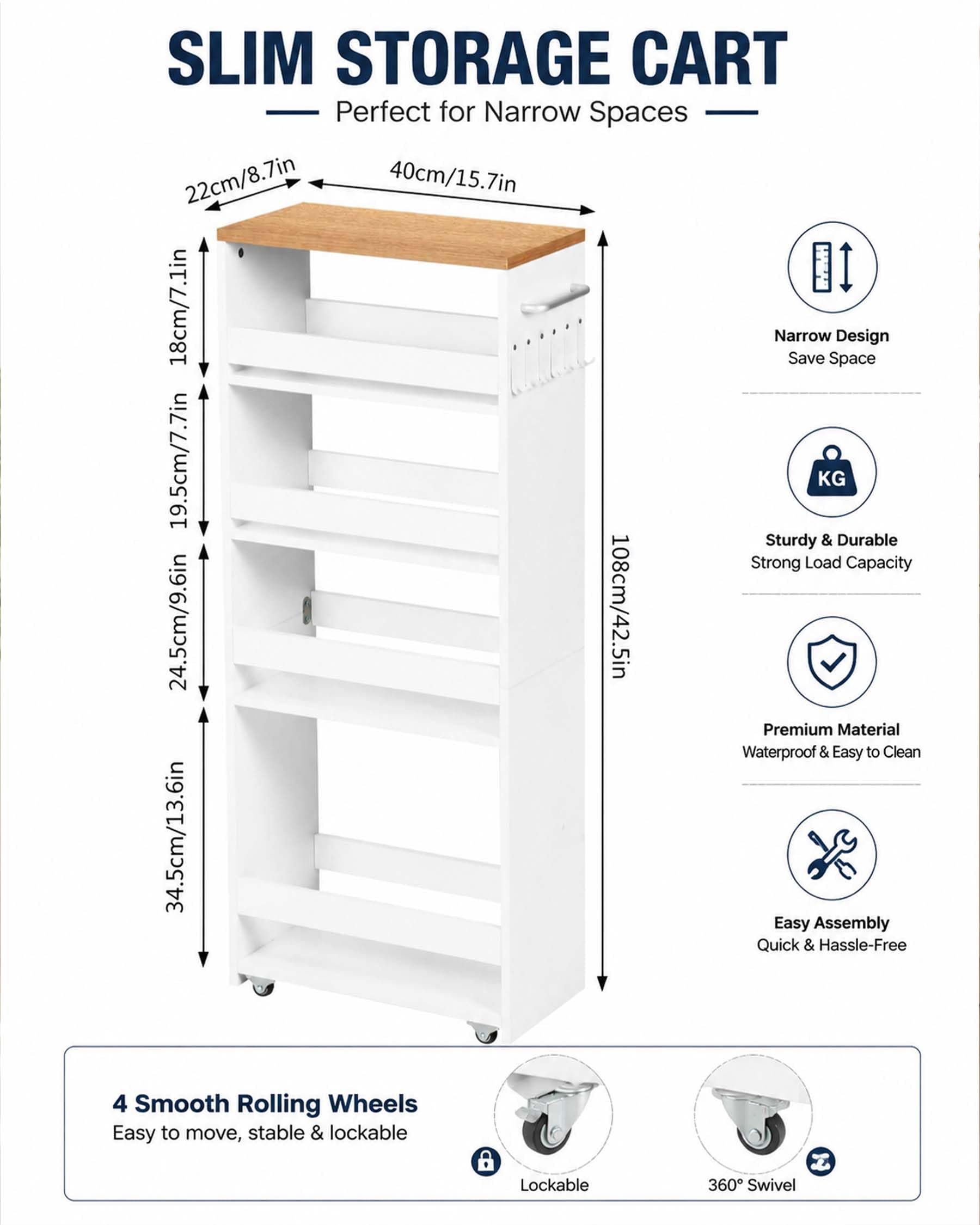Carrito Organizador Estrecho Blanco 5 Niveles 40×22×108cm Pack de 2 | Cuatro ruedas, dos con freno, facilitan el desplazamiento; el asa lateral y los ganchos añaden espacio de almacenaje