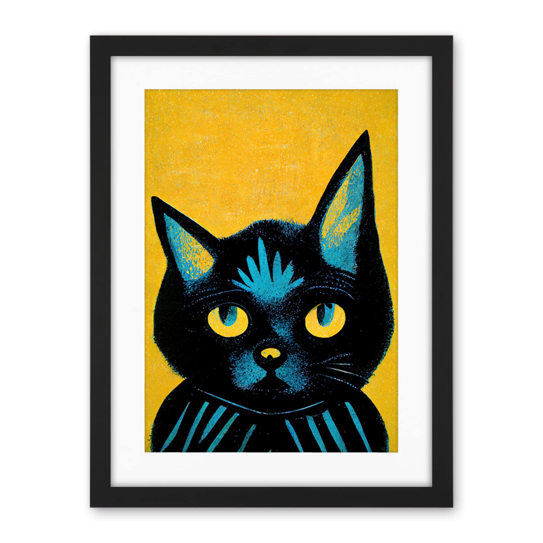 Wee Blue Coo Quirky Bold Black Cat Yellow Blue Artwork Framed Wall Art Print 18X24 Inch