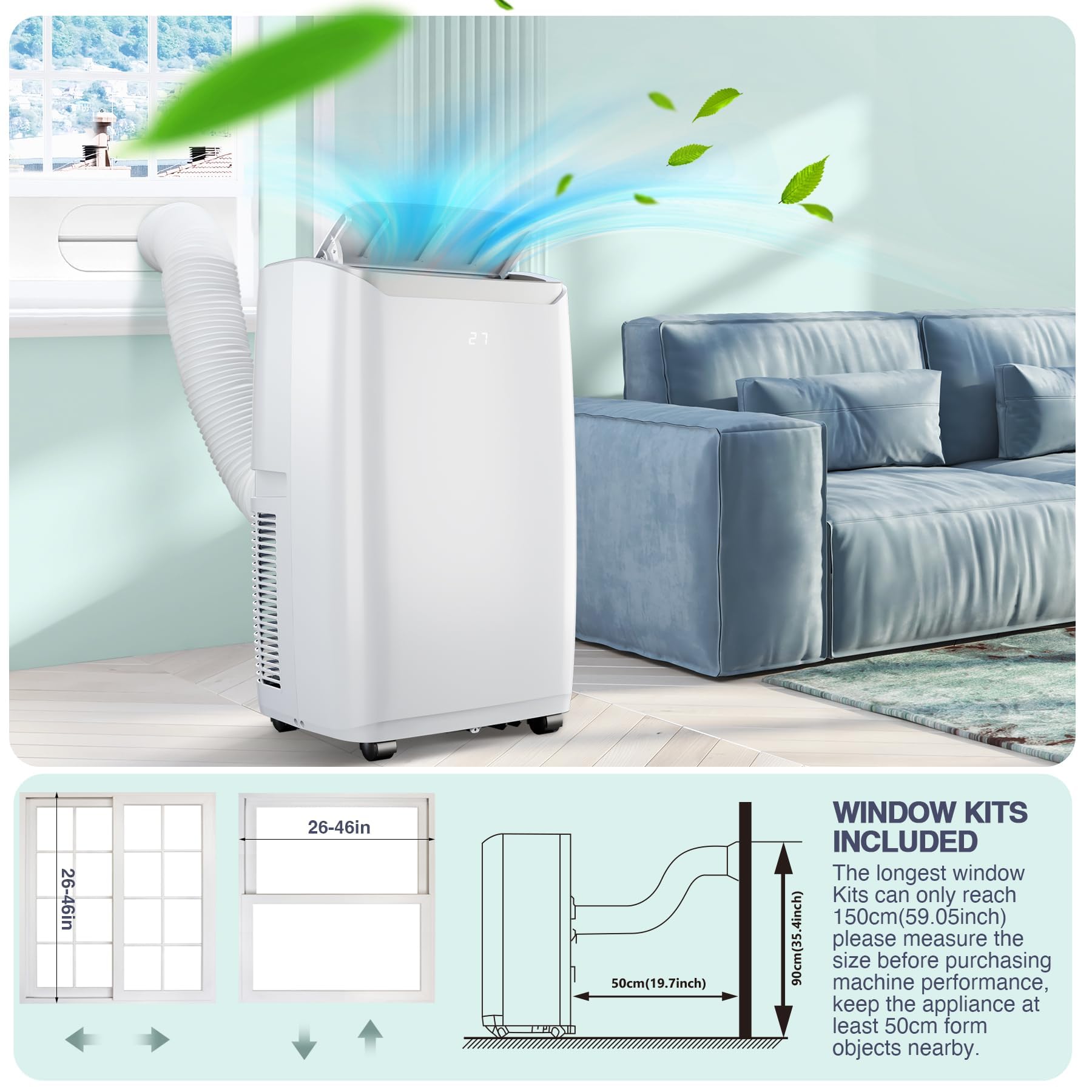 Leise tragbare Klimaanlage 12000 BTU für Räume bis 550 Quadratfuß, 3 in 1 Klimaanlage mit Entfeuchter und Lüftermodus, Schlafmodus, Timer