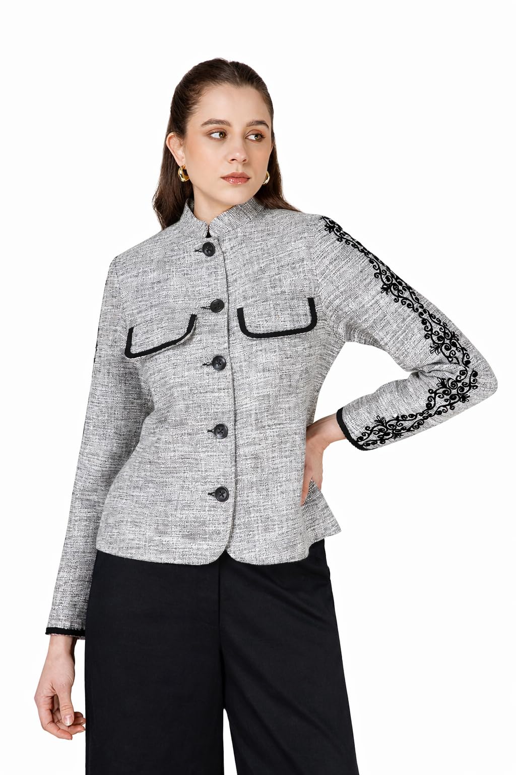 b77 Becca Embroidered Jacket, Grey Tweed with Black Embroidery, Button Front, Stand Collar-picture-20