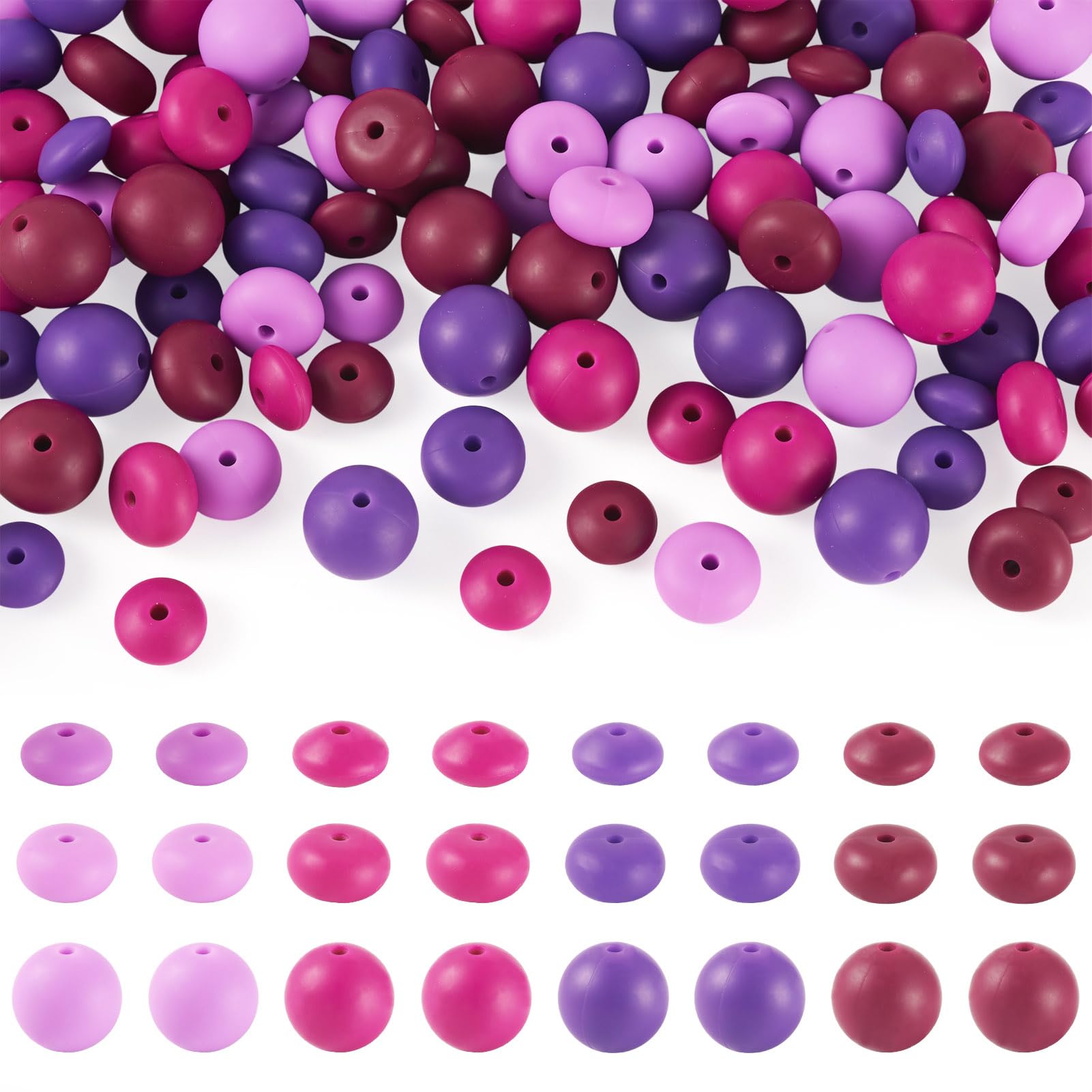 Cheriswelry 120Pcs Purple Rondelle Silicone Focal Beads 15mm Round Silicone Beads Soft Rubber Lentil Loose Spacer Bead for DIY Bracelet Beadable Pens Keychain Jewelry Making