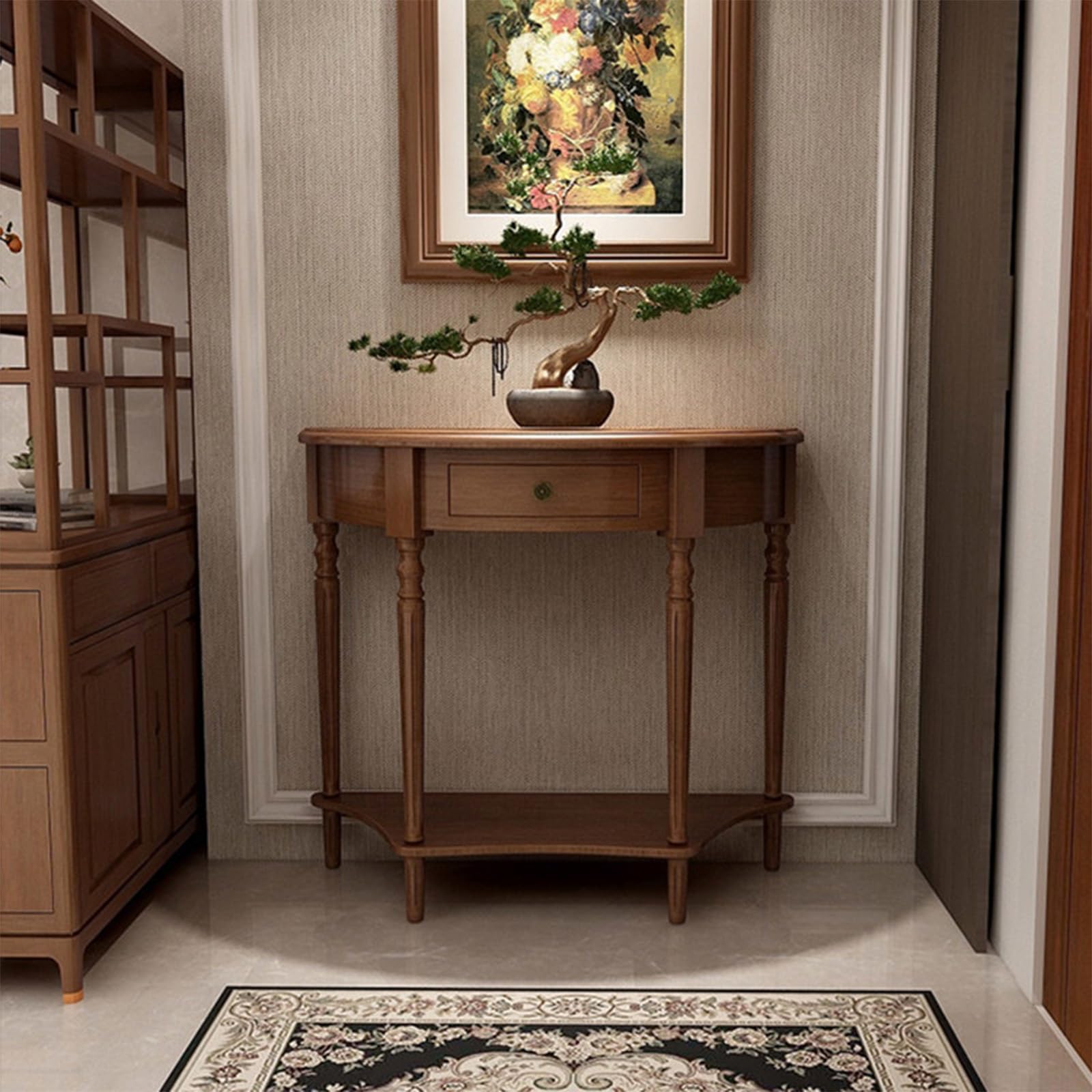 Mesa consola de entrada semicircular en madera natural para un recibidor sofisticado