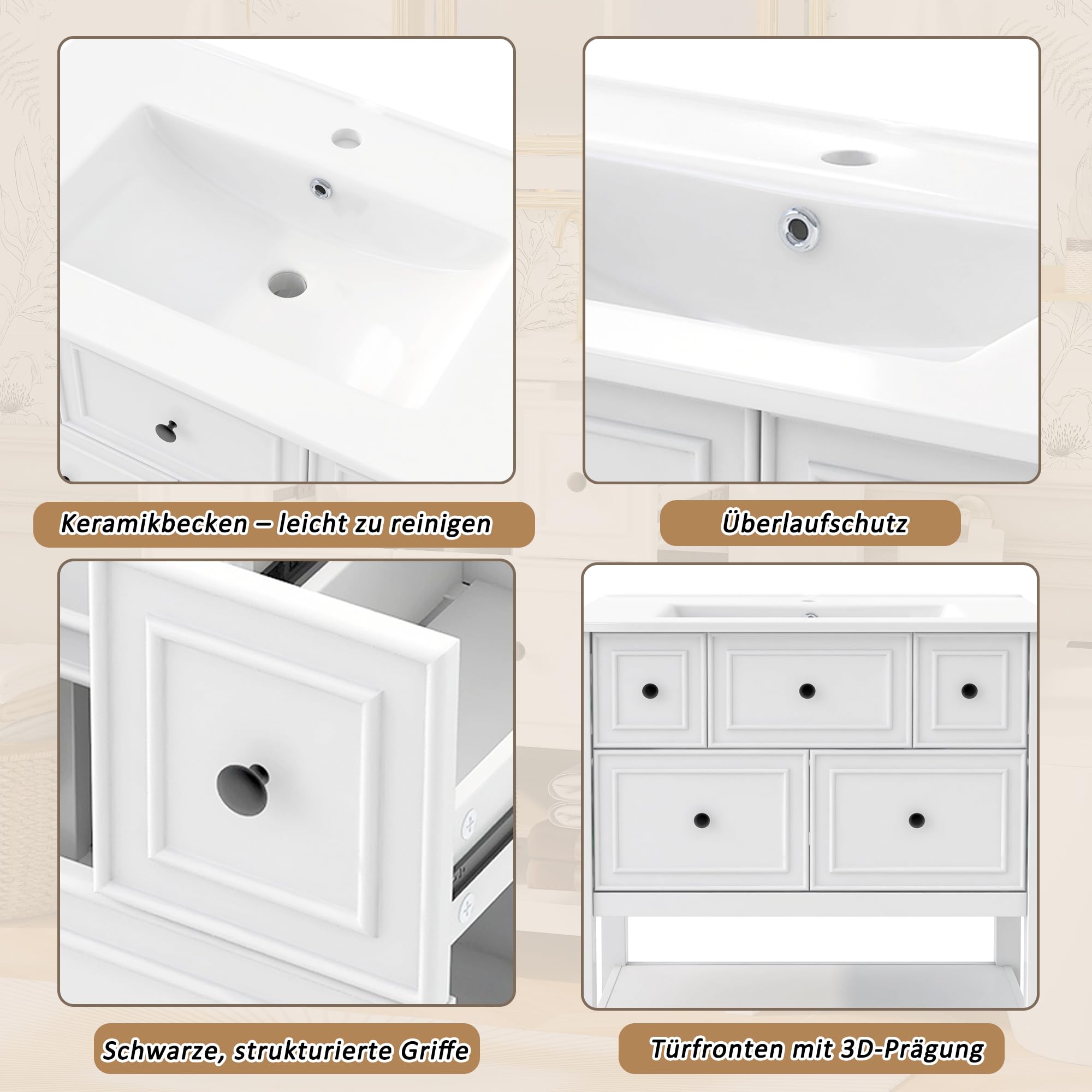 Mobile sottolavabo bianco con lavabo in ceramica, 76 cm, autoportante, con 5 cassetti e ripiano aperto, per bagno di casa e WC degli ospiti