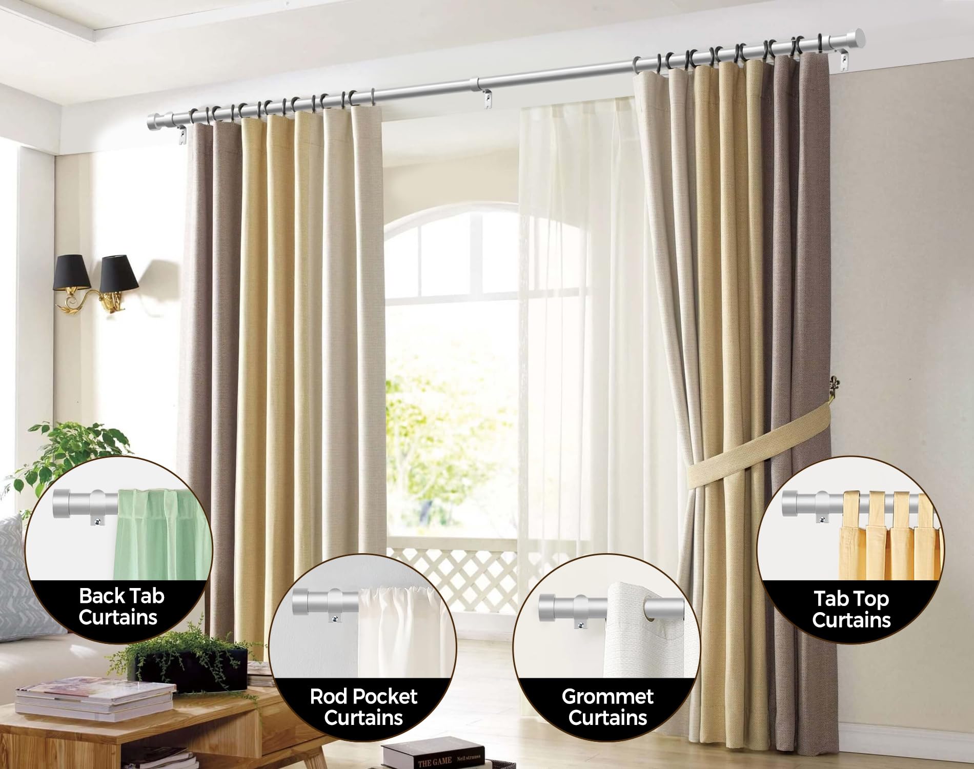 Snapklik.com : KAMANINA Silver Curtain Rods For Windows 66 To 120 Inch
