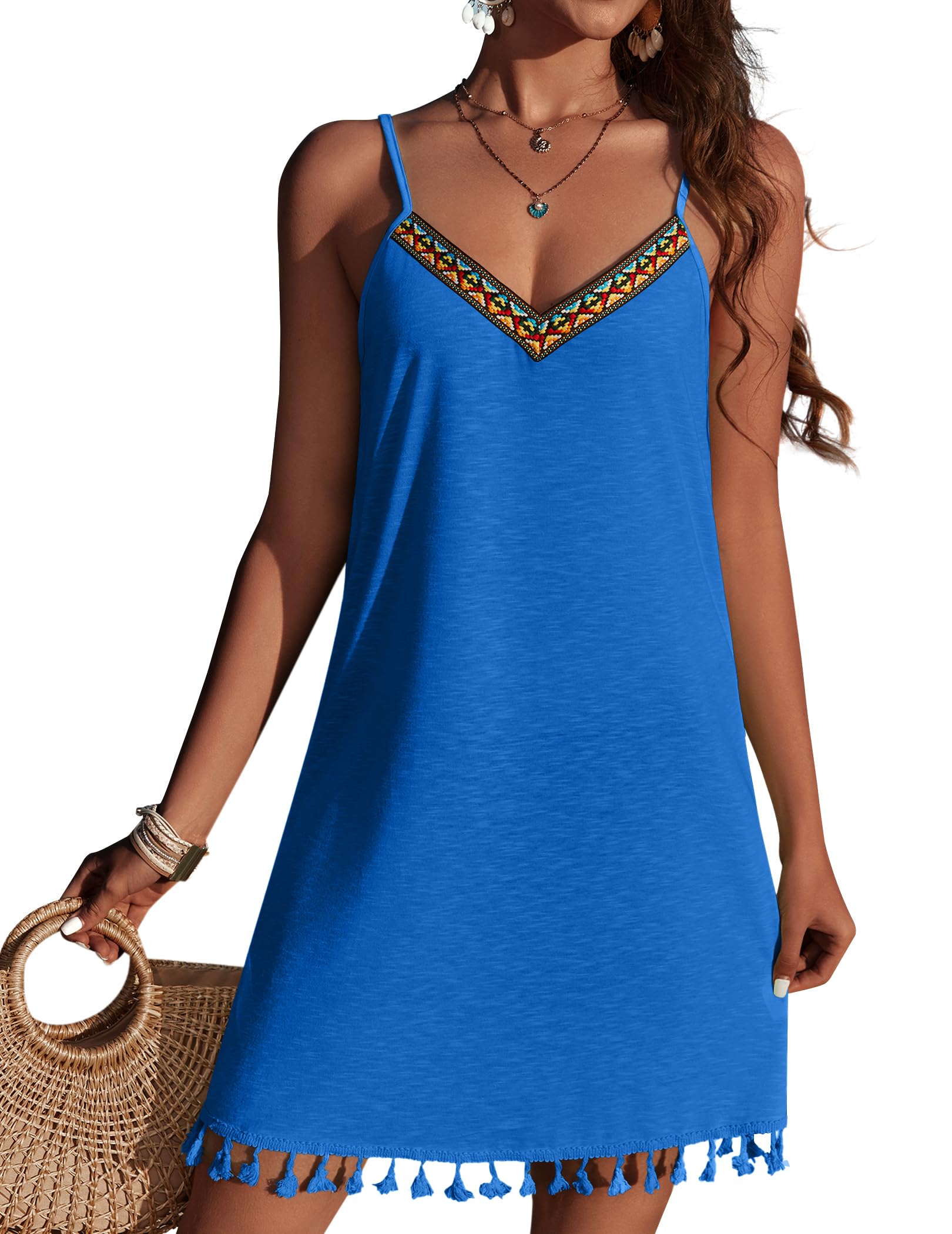 Ekouaer Damen Strandkleid Sommer Strandponcho Kurz Bikini Cover Up Strandkleid Boho Tunika V-Ausschnitt Leicht Strandponcho,S-XXL