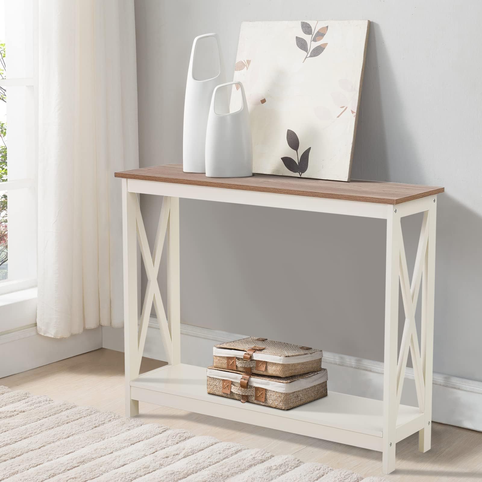 Sophia & William Console Table with Storage Shelf, 2 Tier Farmhouse Sofa Table for Entryway, Hallway, Living Room, Ivory+Oak