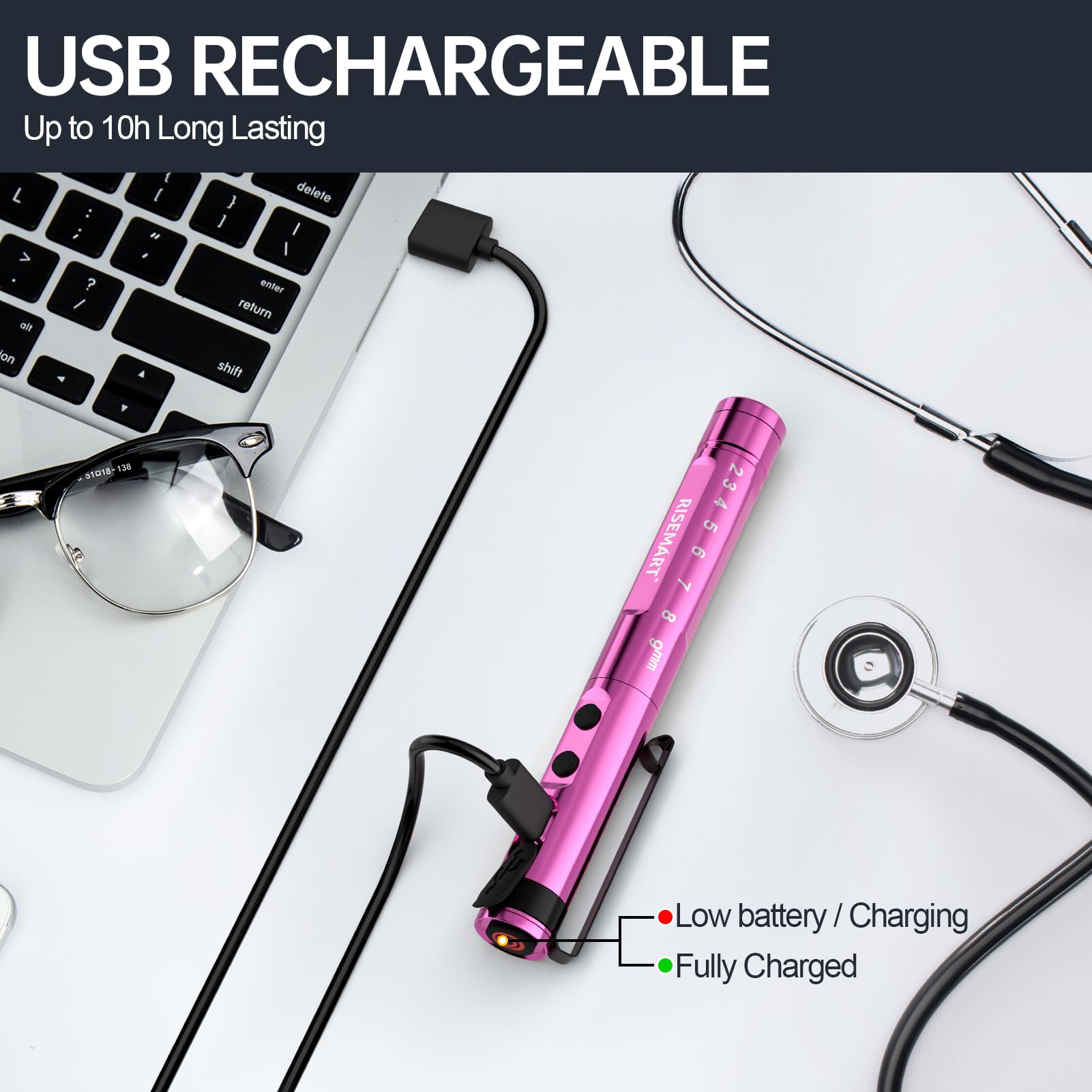 Lampa diagnostyczna, medyczna, z możliwością ponownego ładowania, z kablem USB, ciepła / zimna biel i bezstopniowe ściemnianie, przenośna, aluminiowa, medyczna lampa źrenicy z klipsem (różowa)