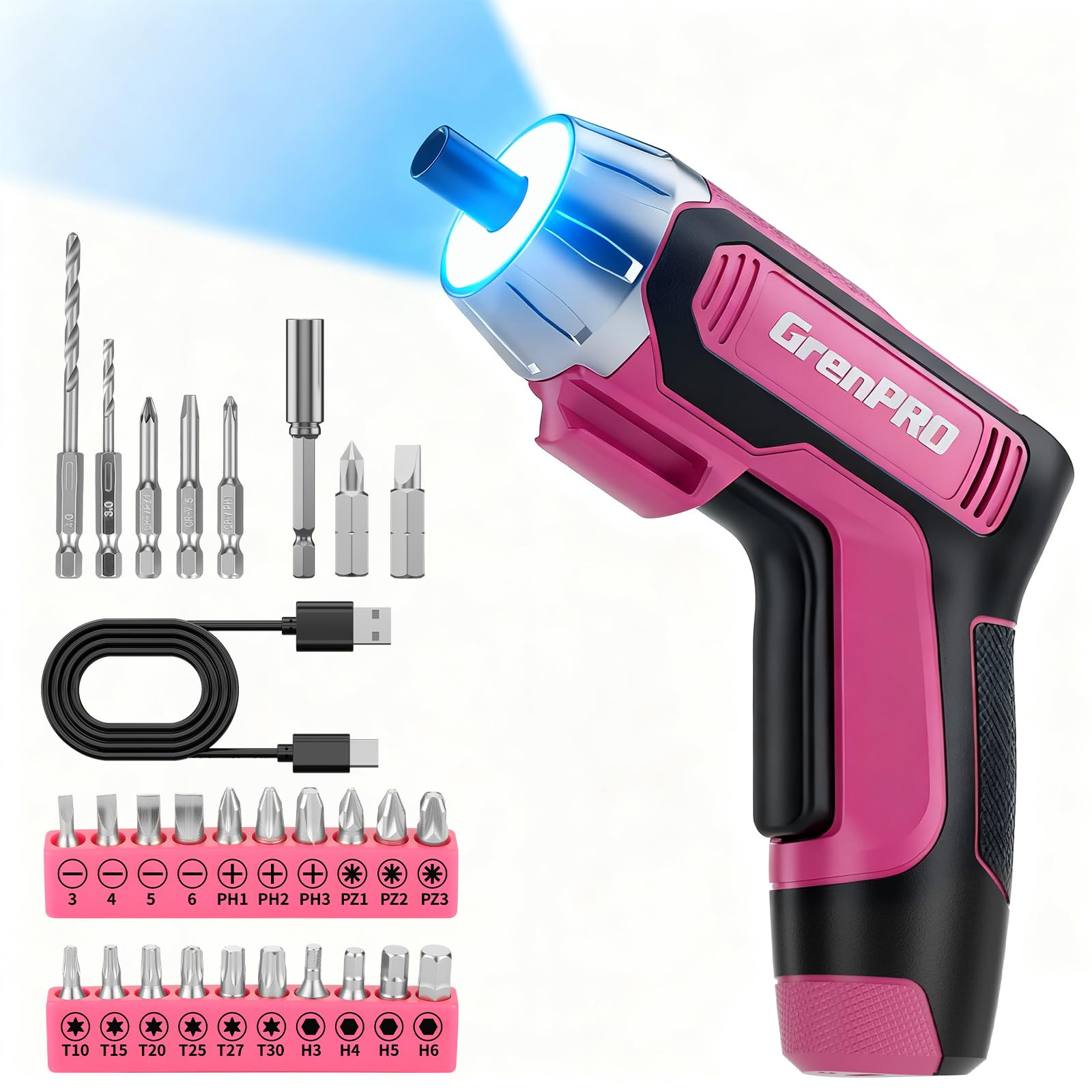 GRENPRO 4V Electric Screwdriver Rechargeable 29pcs Cordless Screwdriver USB Small Power Screwdriver Set with Bits Pink Ideal for