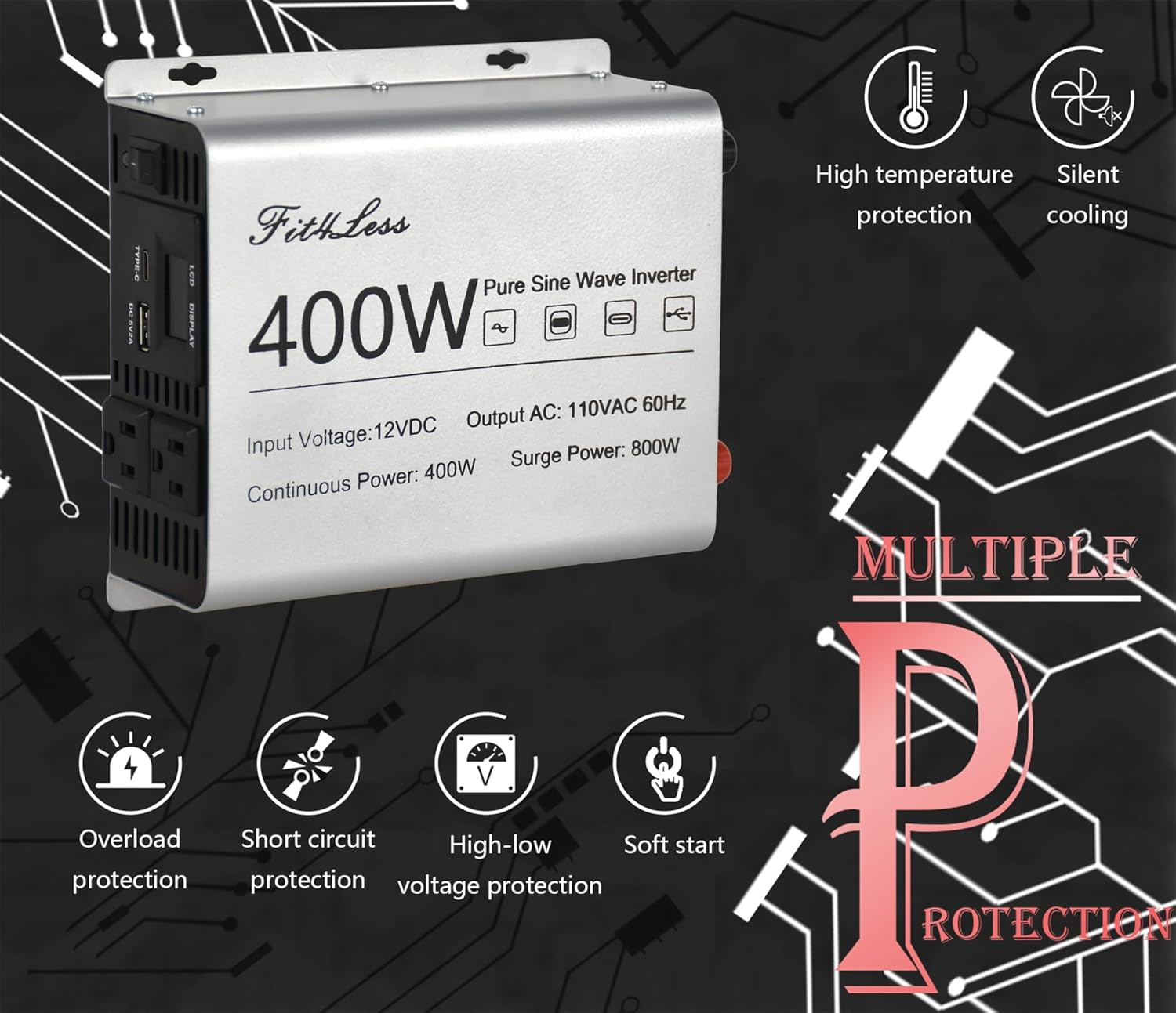 Pure sine Wave Inverter DC 12V Input and AC 110V Output with LCD Display, USB Output Port, Type-C Output Port (400W)