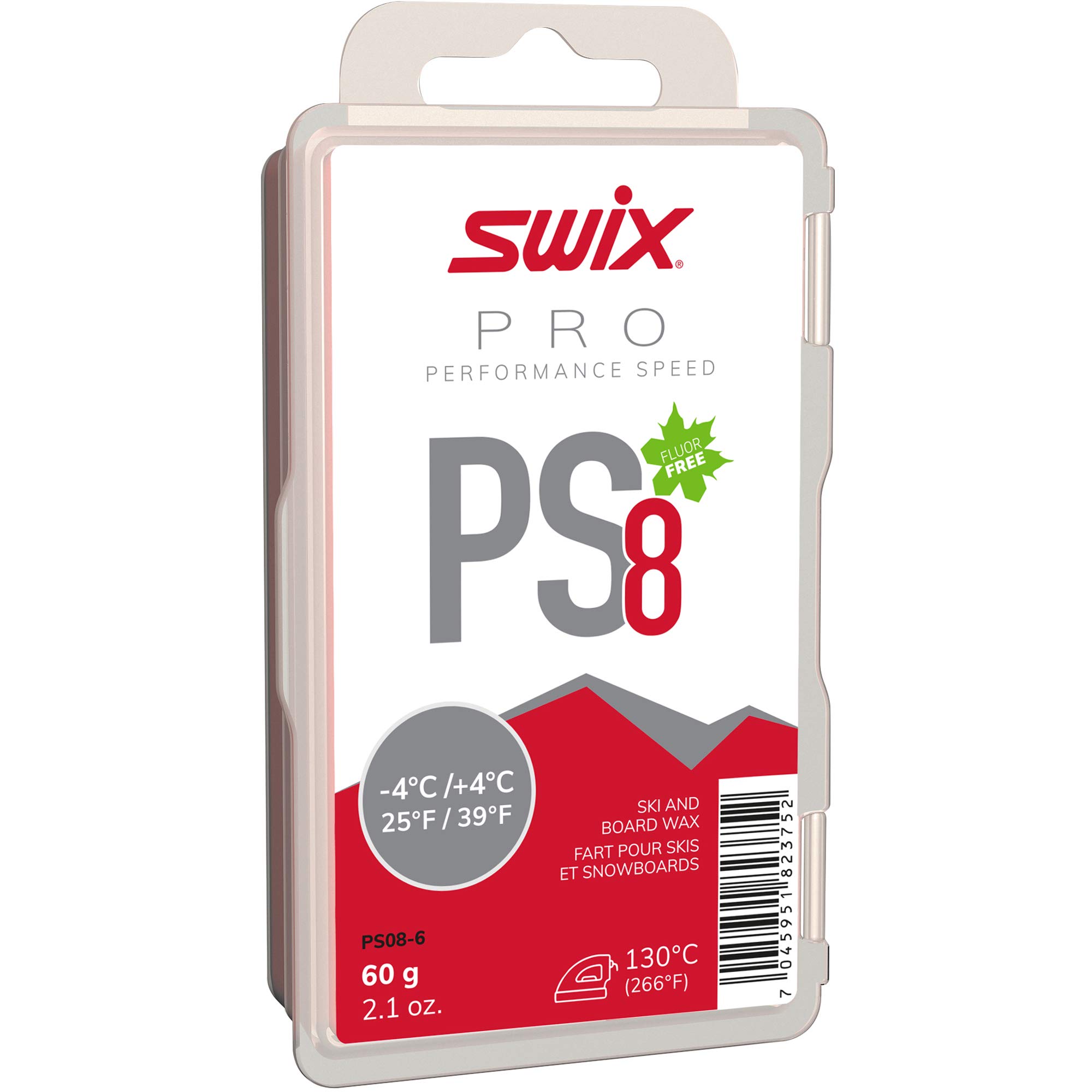 PRO Speed Wax - PS8 Red 25 to 39 Degrees Fahrenheit - 60g Bar - Fluoro Free - Ski or Snowboard